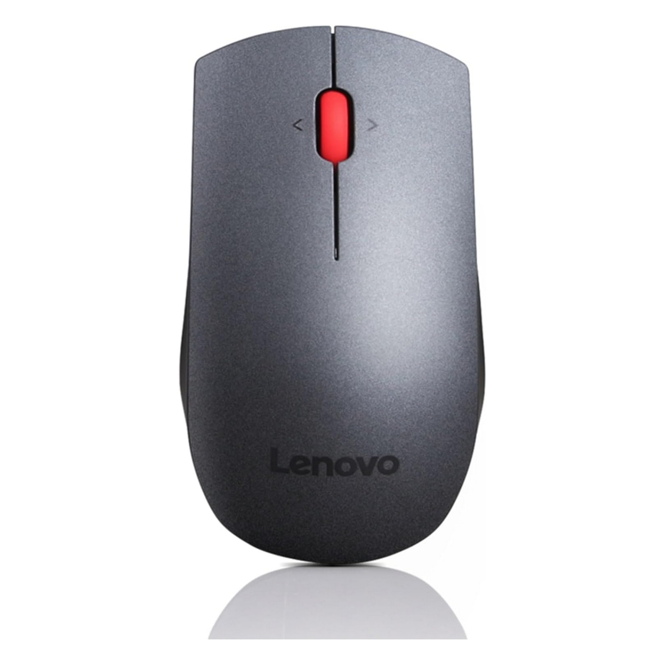 Een grijze Lenovo muis met een rode scrollknop op een witte achtergrond. Lenovo logo.