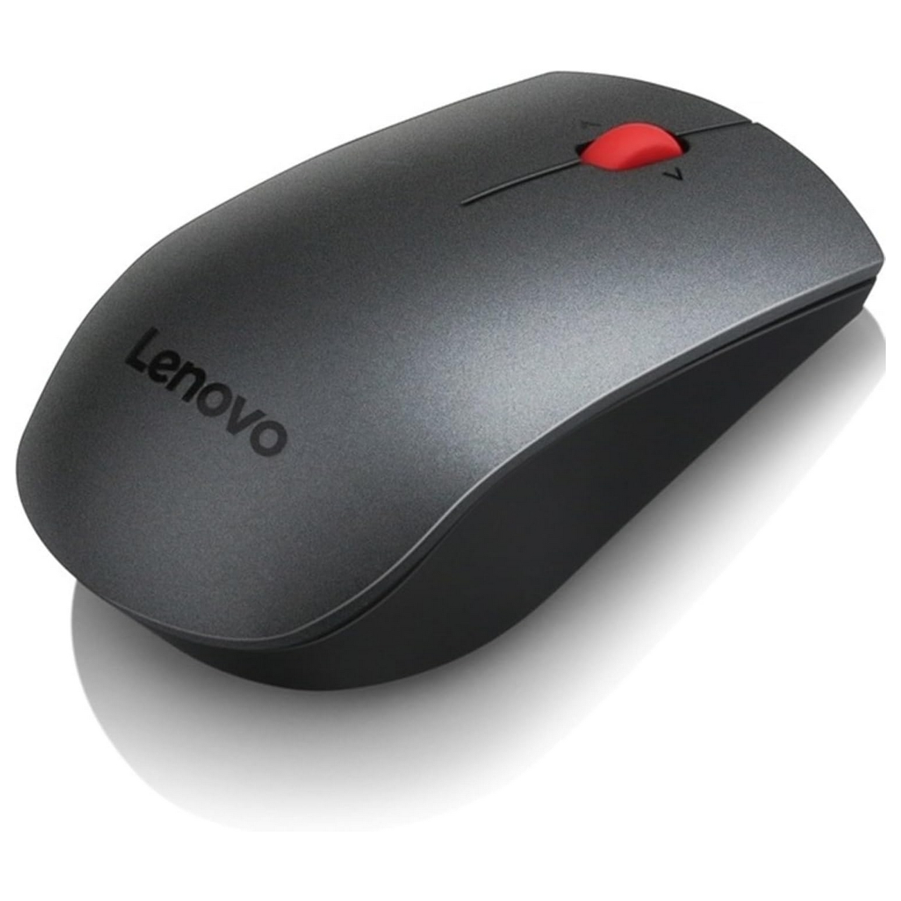 Zwarte Lenovo-muis met een rood scrollwiel op wit. De muis heeft Lenovo-branding.