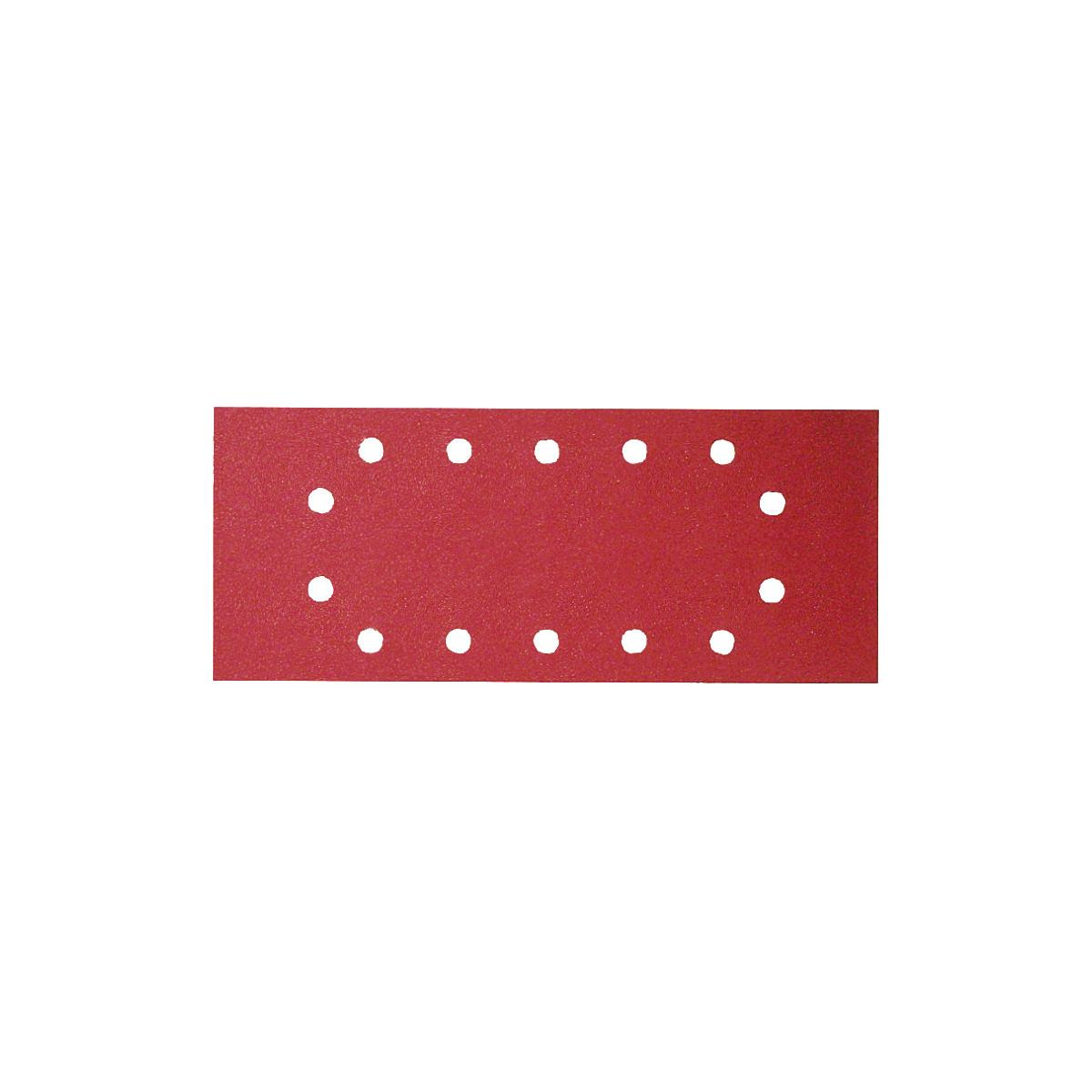 Un foglio abrasivo rettangolare rosso con fori bianchi, isolato su sfondo bianco.