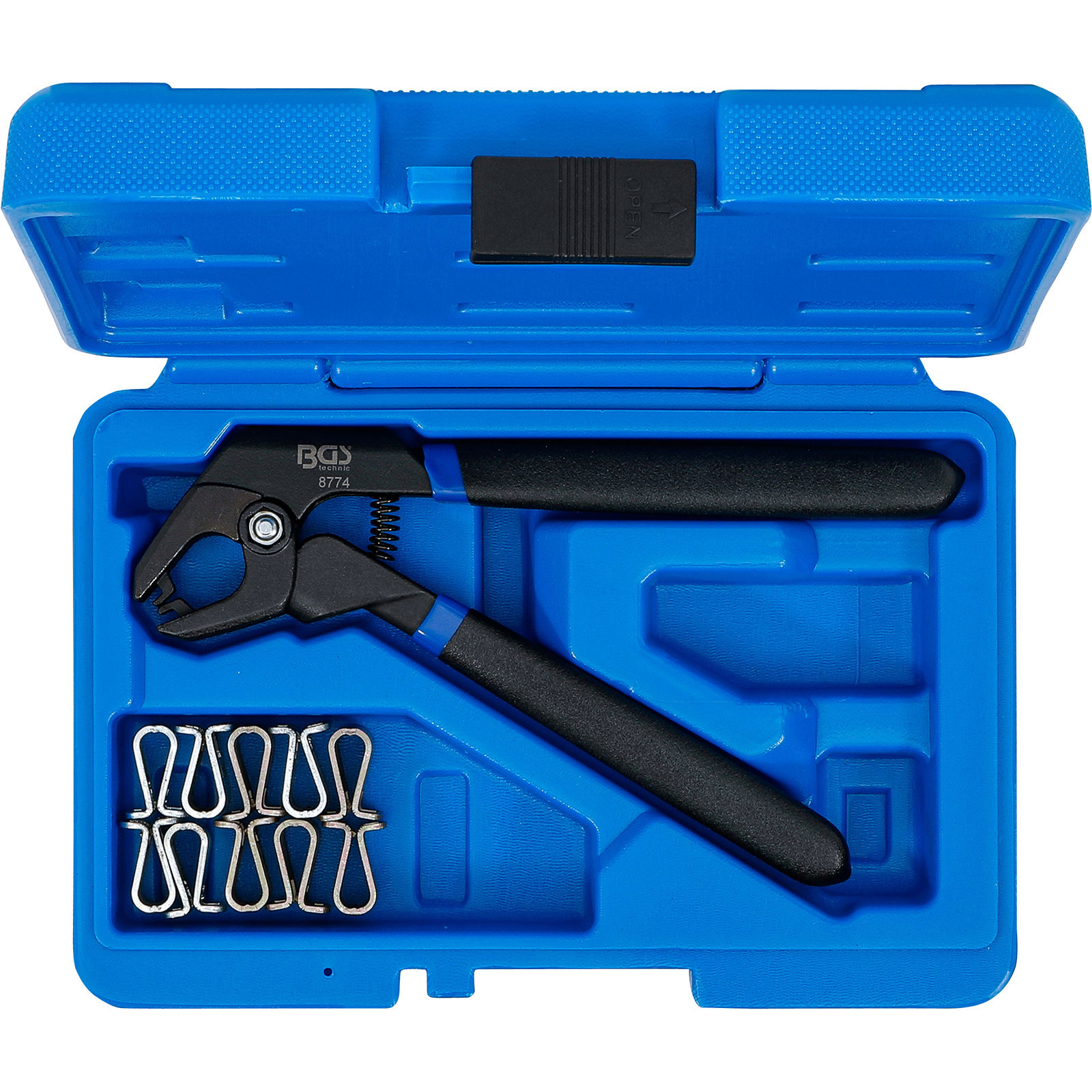 Eine blaue Werkzeugbox mit Werkzeugen und einigen Clips daneben.