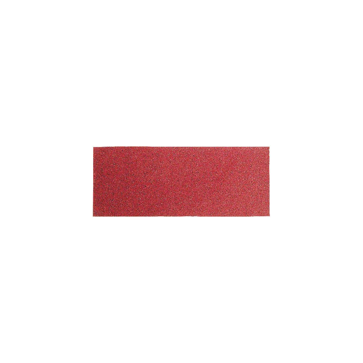 Un foglio abrasivo rettangolare rosso su sfondo bianco.