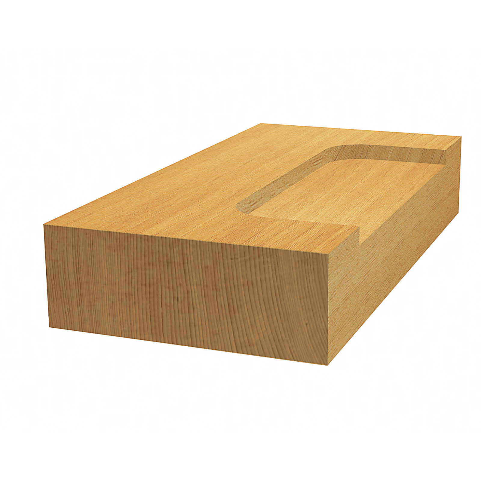 Un blocco di legno con una sezione intagliata. Il legno è marrone chiaro con venature visibili, sfondo bianco.