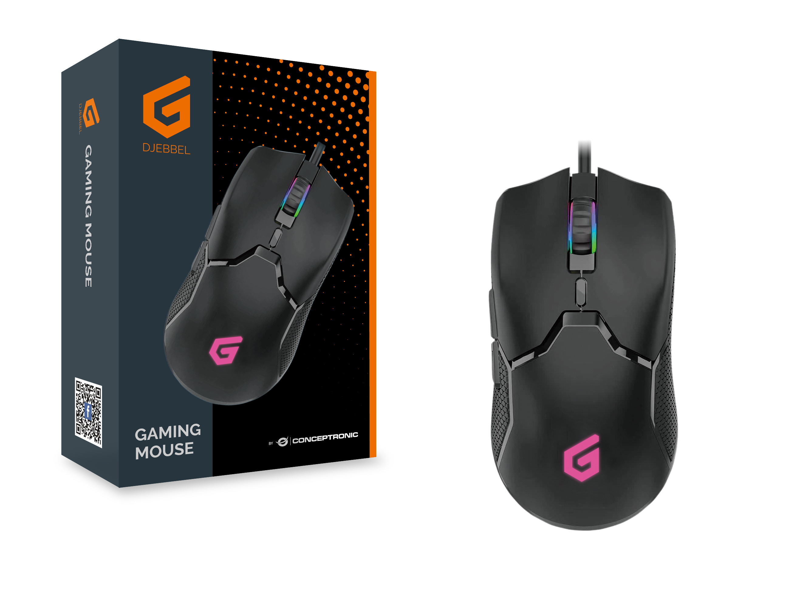 Gaming mouse and box. Mouse is black with pink logo. Box is orange and black.
