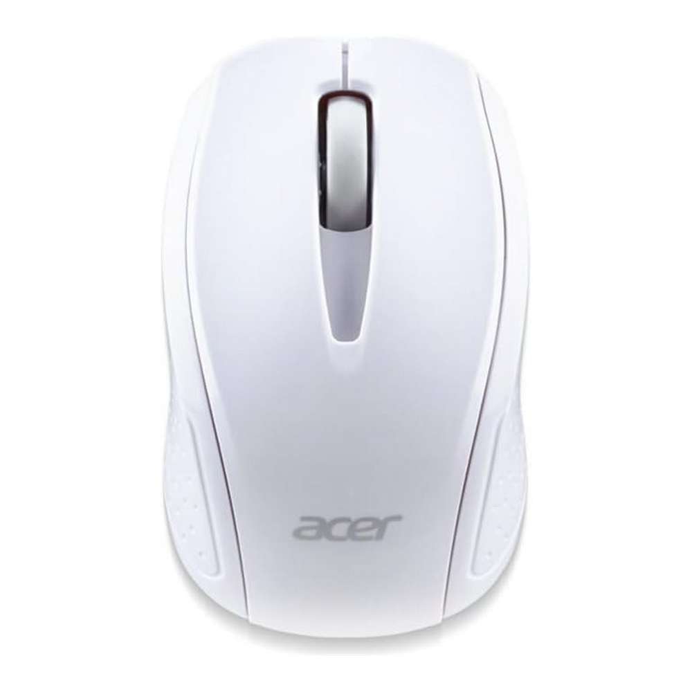 Vista superior de un ratón Acer blanco. Tiene una rueda de desplazamiento y el logo de Acer.