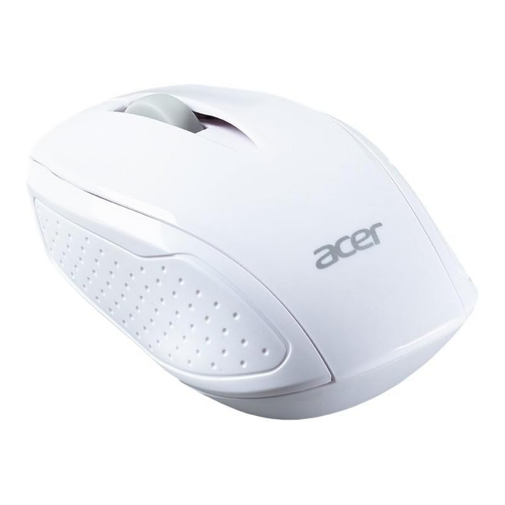 Ratón inalámbrico Acer blanco. Vista superior, mostrando la rueda de desplazamiento y el logo Acer.