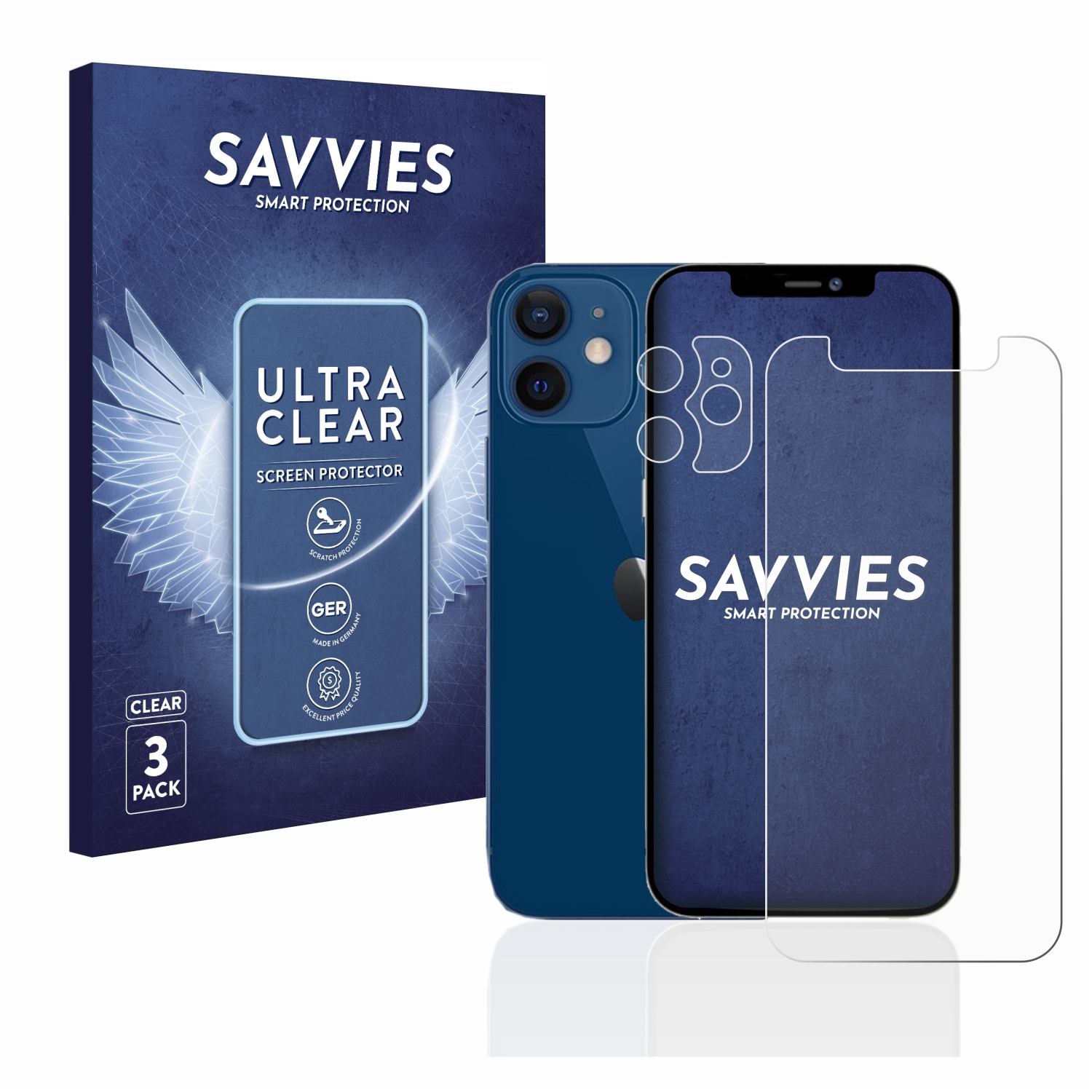Ein blaues Telefon mit einer Displayschutzfolienbox und einer transparenten Displayschutzfolie rechts.