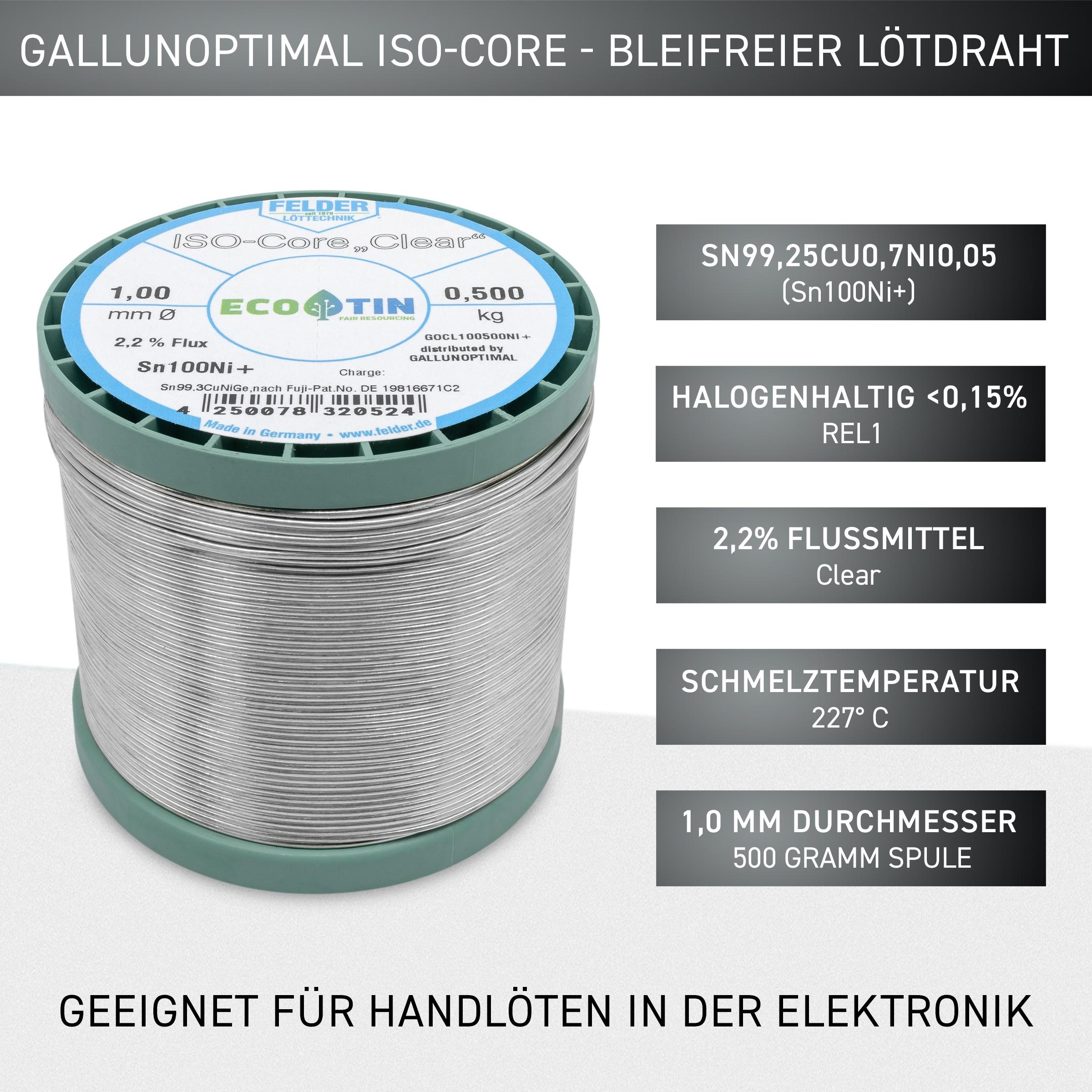 Eine Spule Lötdraht mit Text und Etiketten, die seine Zusammensetzung und Eigenschaften beschreiben. Es ist grün und silber.