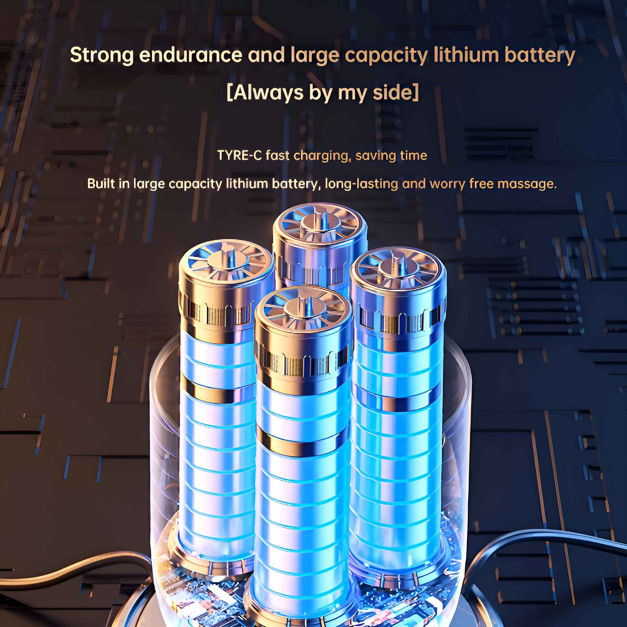 Vier blaue zylindrische Batterien in einem transparenten Behälter. Text über Lithiumbatterie und Typ-C-Aufladung.