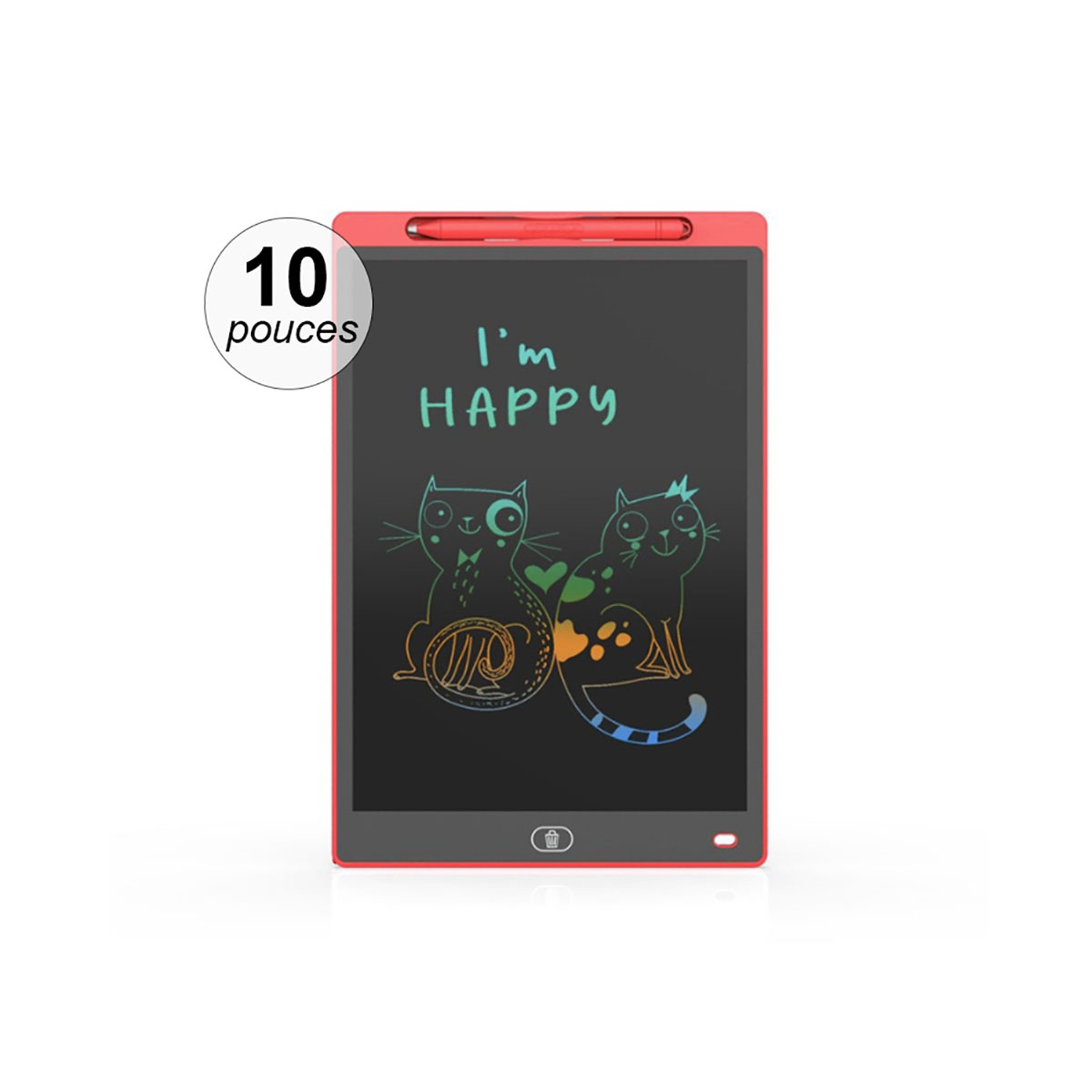 Tablet rosso con stilo. Schermo con gatti e scritta 'I'm Happy'. Adesivo '10 pouces'.