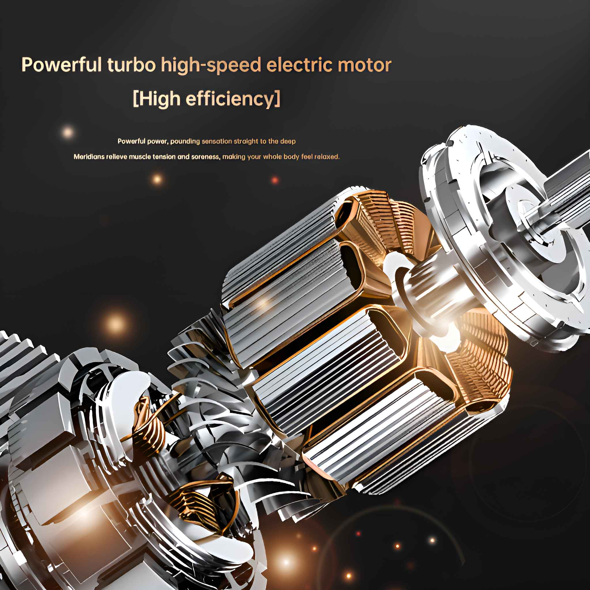 Nahaufnahme eines Motors mit Gold- und Silberdesign. Text weist auf hohe Effizienz und Turbo-Leistung hin.