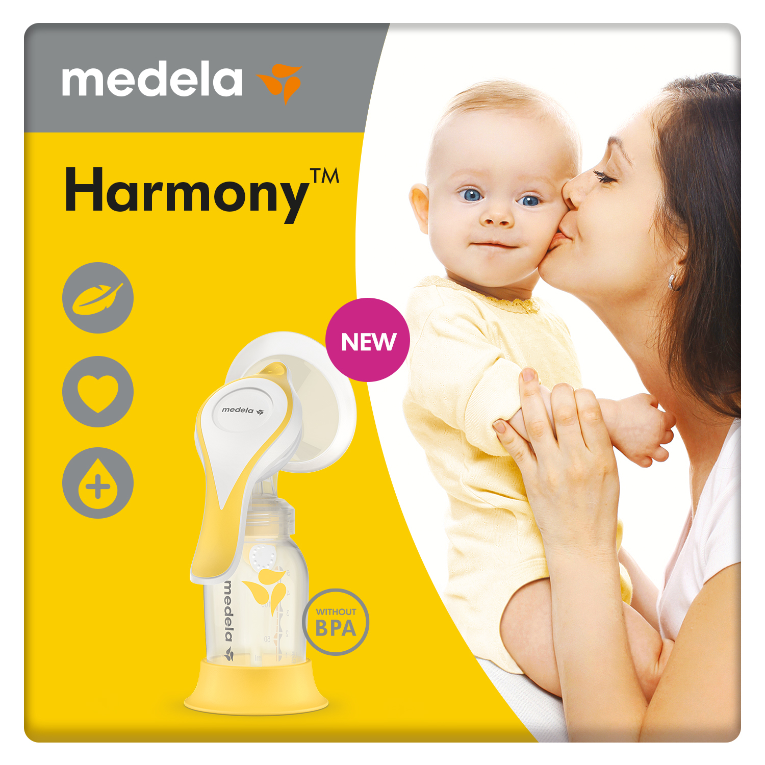 Mutter küsst Baby. Milchpumpe und Branding. Gelber Hintergrund mit Text und Symbolen.