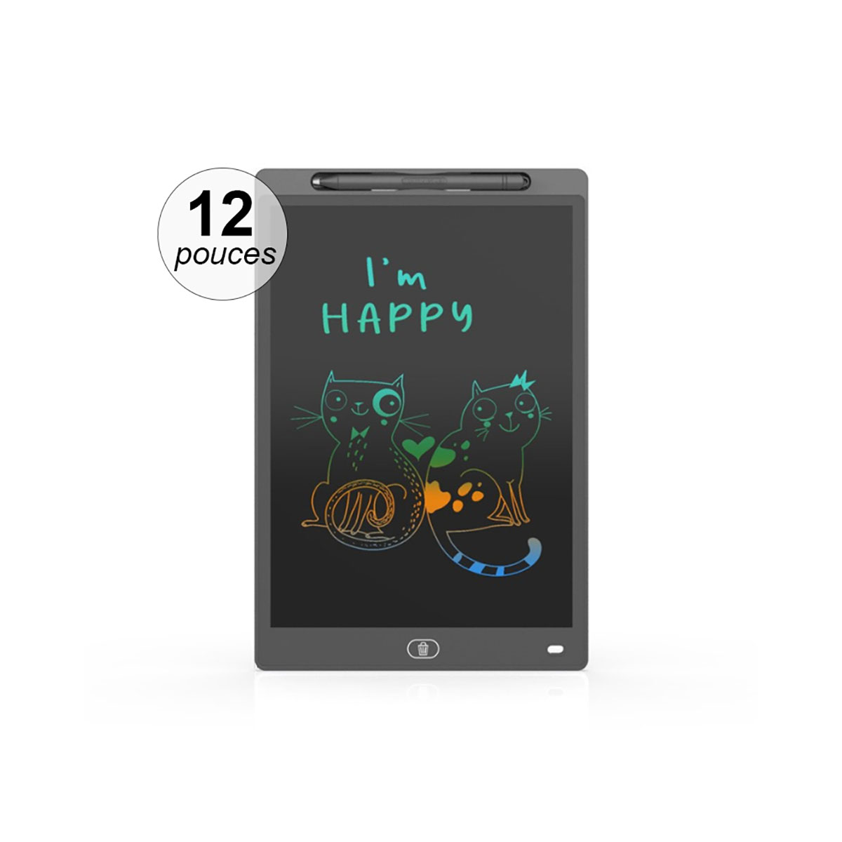 Tablet grigio con stilo. Schermo con gatti e scritta 'I'm Happy'. Adesivo '12 pouces'.