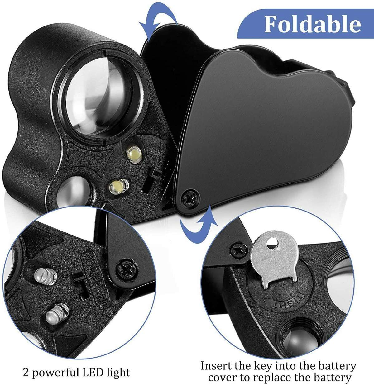 Faltbare schwarze Lupe mit doppelten LED-Leuchten. Schlüssel zum Batteriewechsel wird gezeigt.