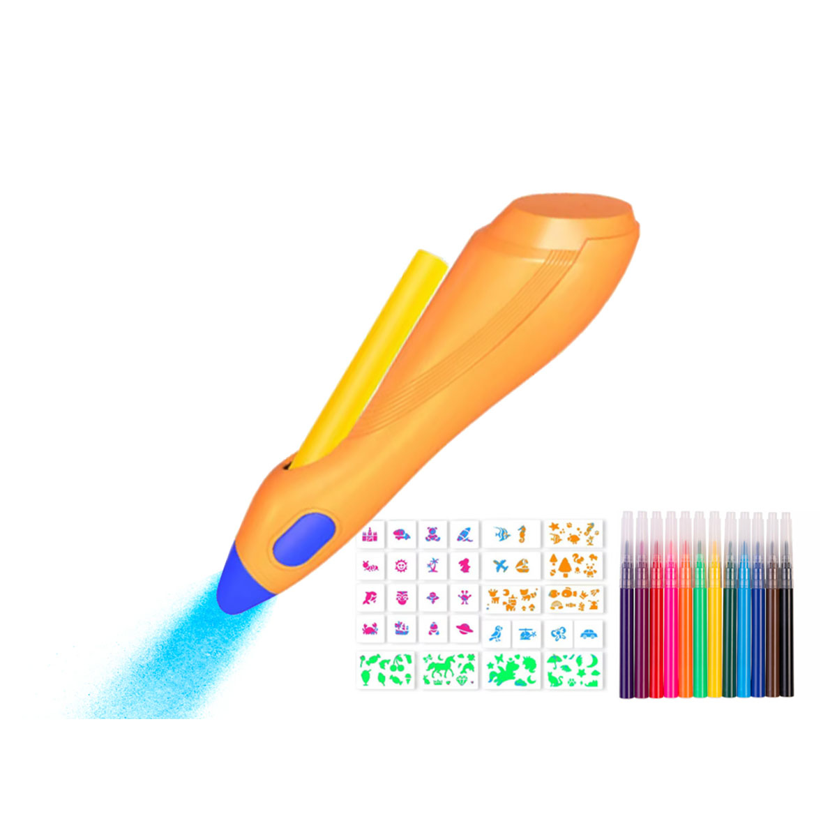 Penna arancione con punta blu, che spruzza nebbia blu. Stencil e pennarelli colorati a destra.