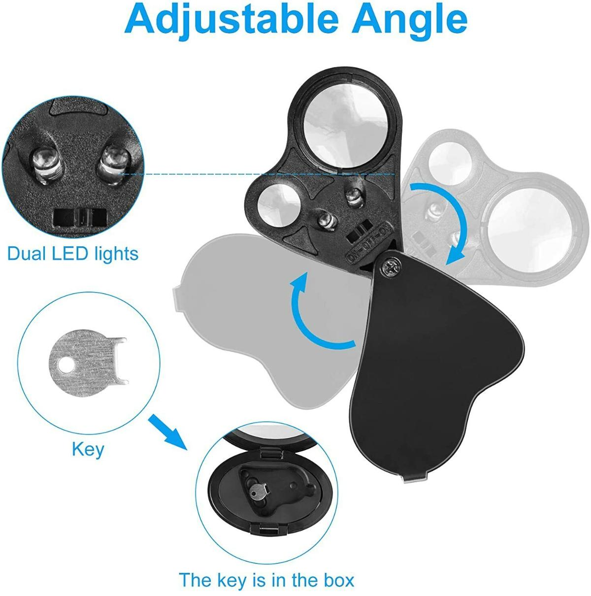 Faltbare schwarze Lupe mit verstellbarem Winkel und dualen LED-Leuchten. Schlüssel ist in der Box.