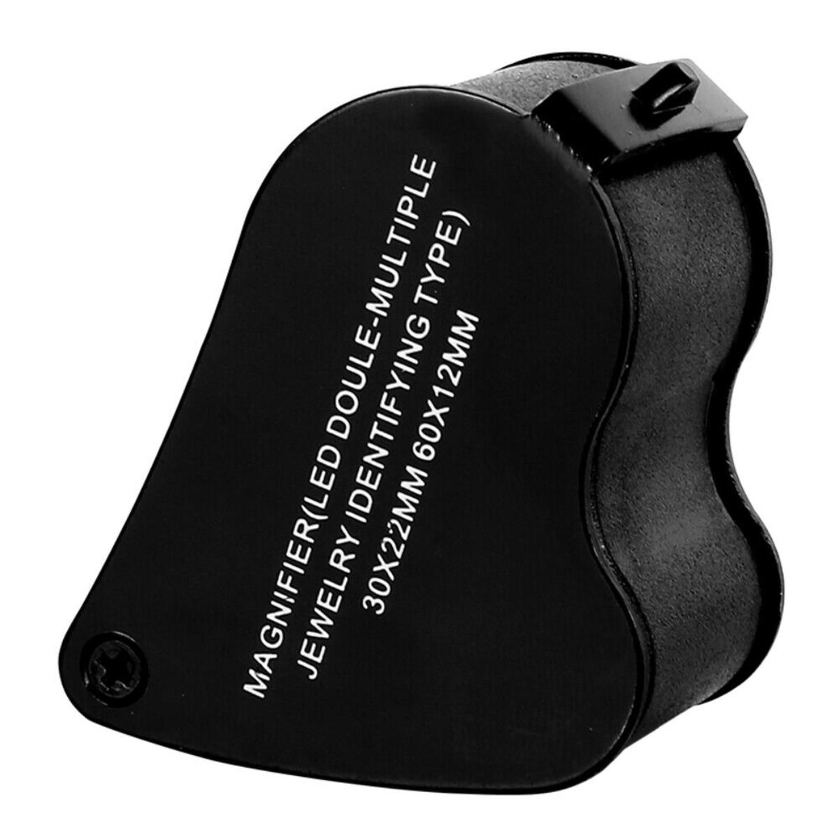 Juwelierlupe, schwarz, mit Text: VERGRÖSSERUNG(LED DOULE-MULTIPLE SCHMUCK.