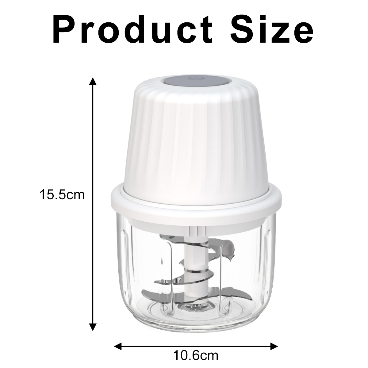 Ein weißer Zerkleinerer mit einem transparenten Behälter, mit den Abmessungen: 15,5 cm hoch, 10,6 cm breit.