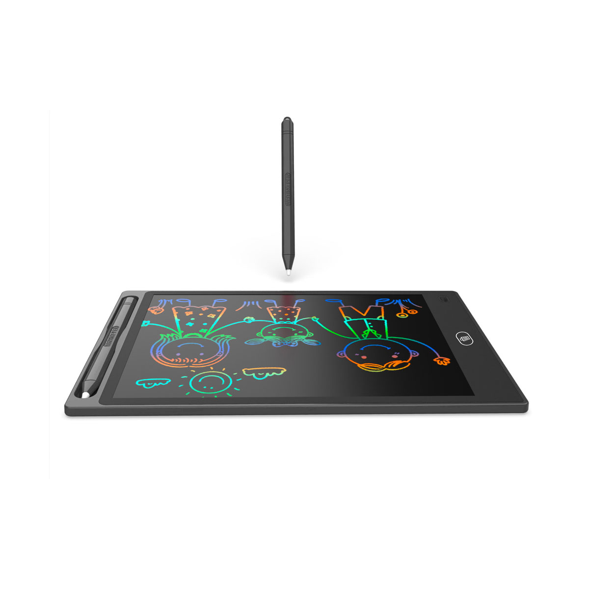 Una tavoletta da disegno nera con uno stilo. Il tablet mostra disegni colorati.