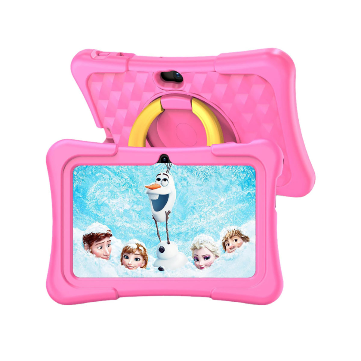 Una custodia per tablet rosa con un tablet che mostra Olaf e altri personaggi di Frozen. In modalità orizzontale.