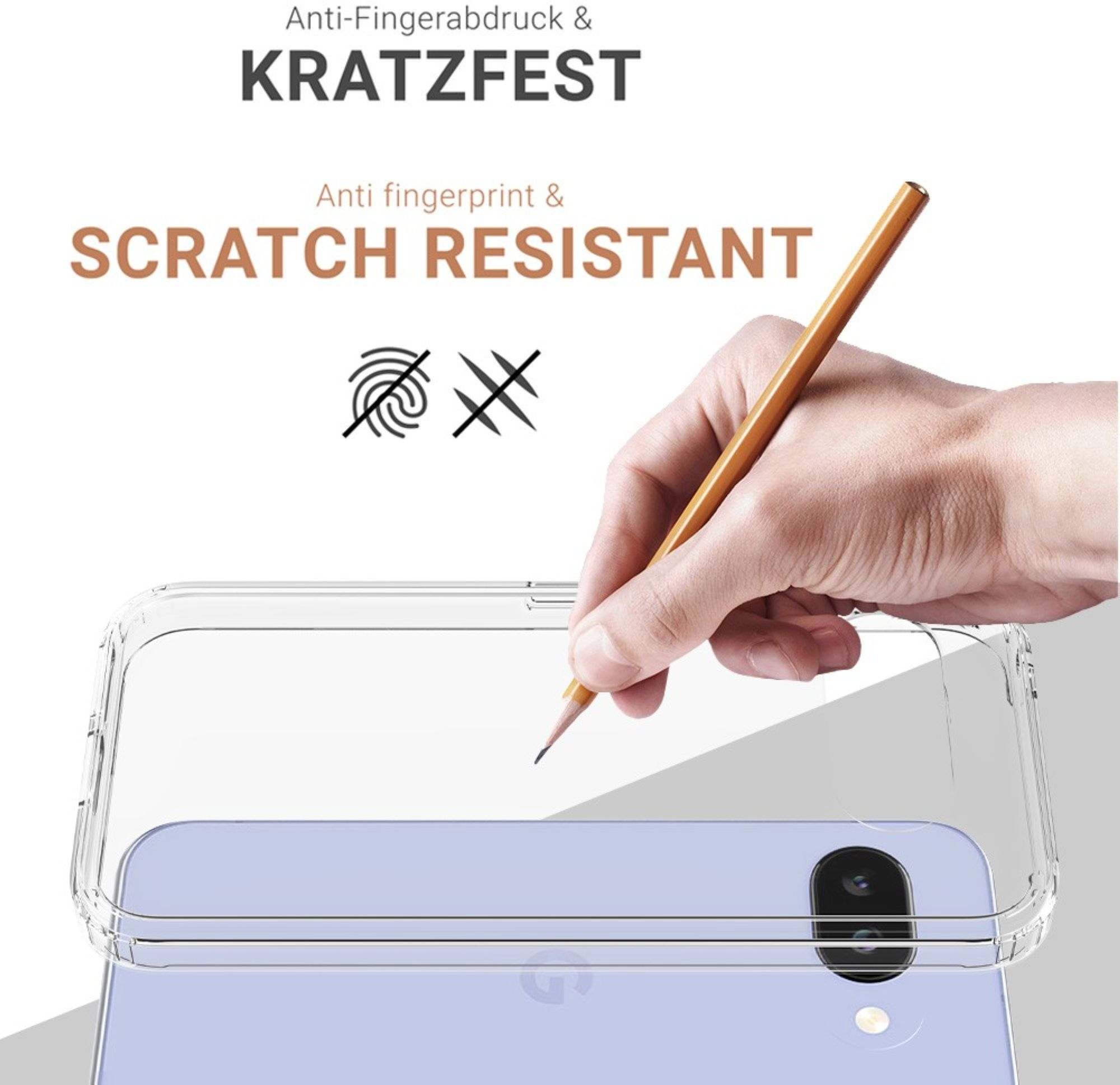 Transparente Handyhülle mit einem Telefon darin, das mit einem Bleistift zerkratzt wird. Text: „Anti-Fingerabdruck & kratzfest“.