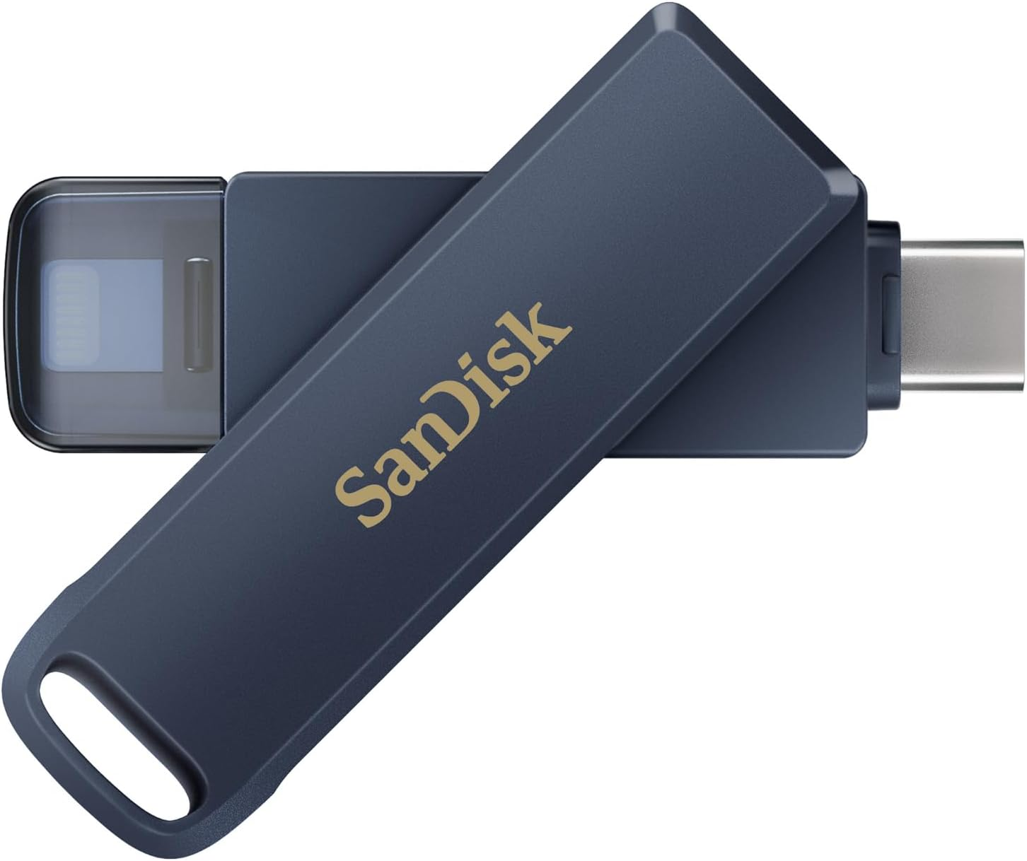 Ein blauer Sandisk USB-Stick mit goldenem Logo. Der Stick liegt auf Holz. Der Hintergrund ist unscharf.
