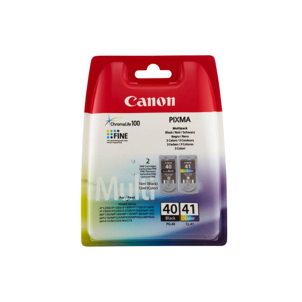 Eine Canon Tintenpatronenpackung mit zwei Patronen. Die Packung ist rot und weiß. Die Patronen sind schwarz und farbig.