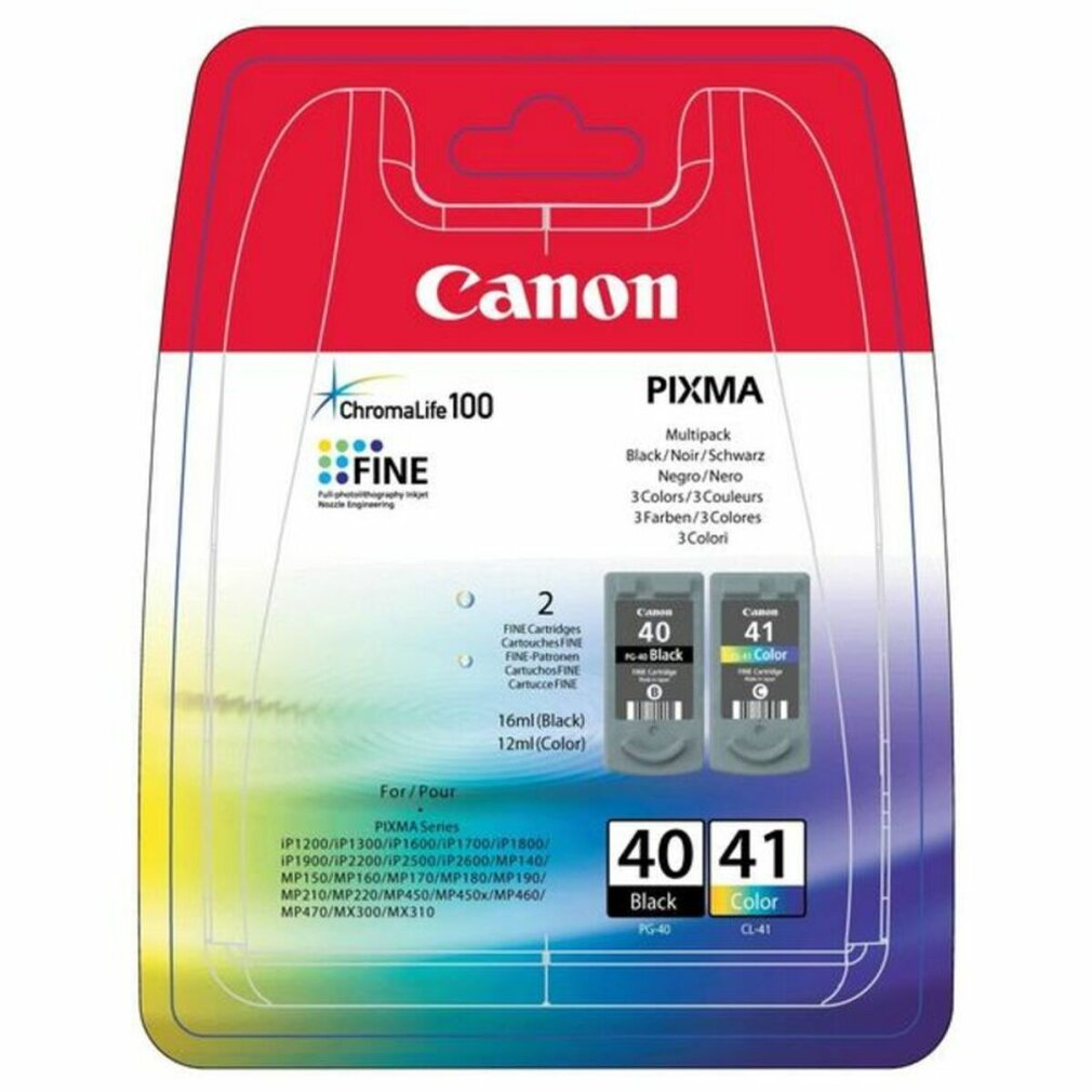 Eine Canon Tintenpatronenpackung mit zwei Patronen. Die Packung ist rot und weiß. Die Patronen sind schwarz und farbig.