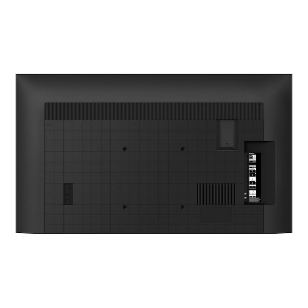 Czarny panel tylny telewizora, z różnymi portami i wentylacją. Panel jest prosty.