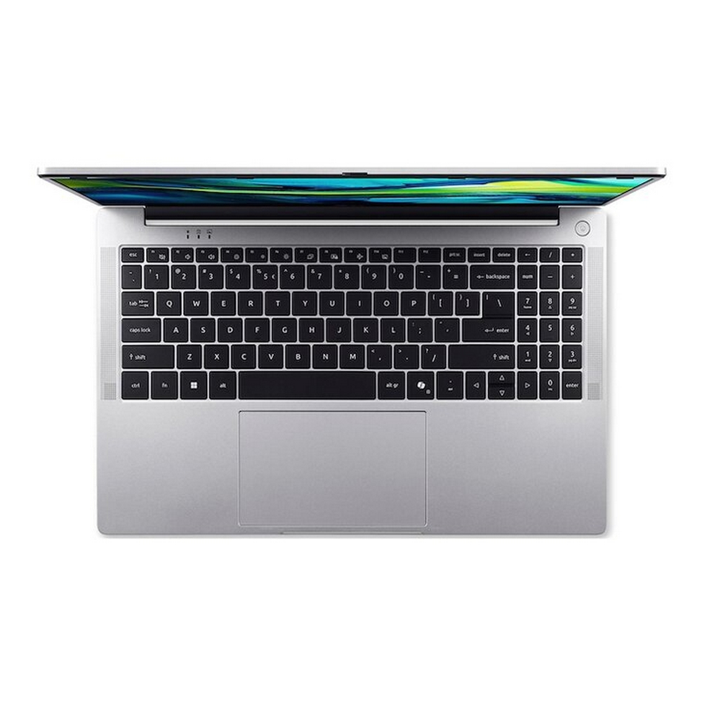 Klawiatura laptopa pokazana z góry. Srebrna, z czarnymi klawiszami, ekran otwarty.