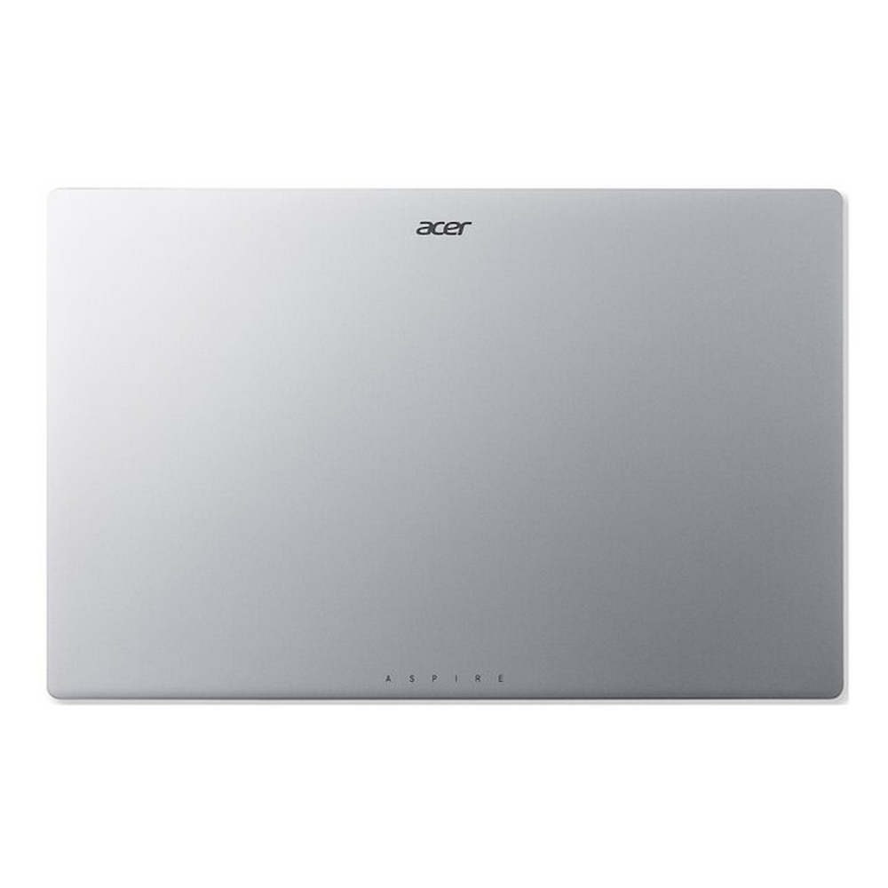 Srebrny laptop, zamknięty, z logo Acer. Słowo 'ASPIRE' jest napisane pod logo.