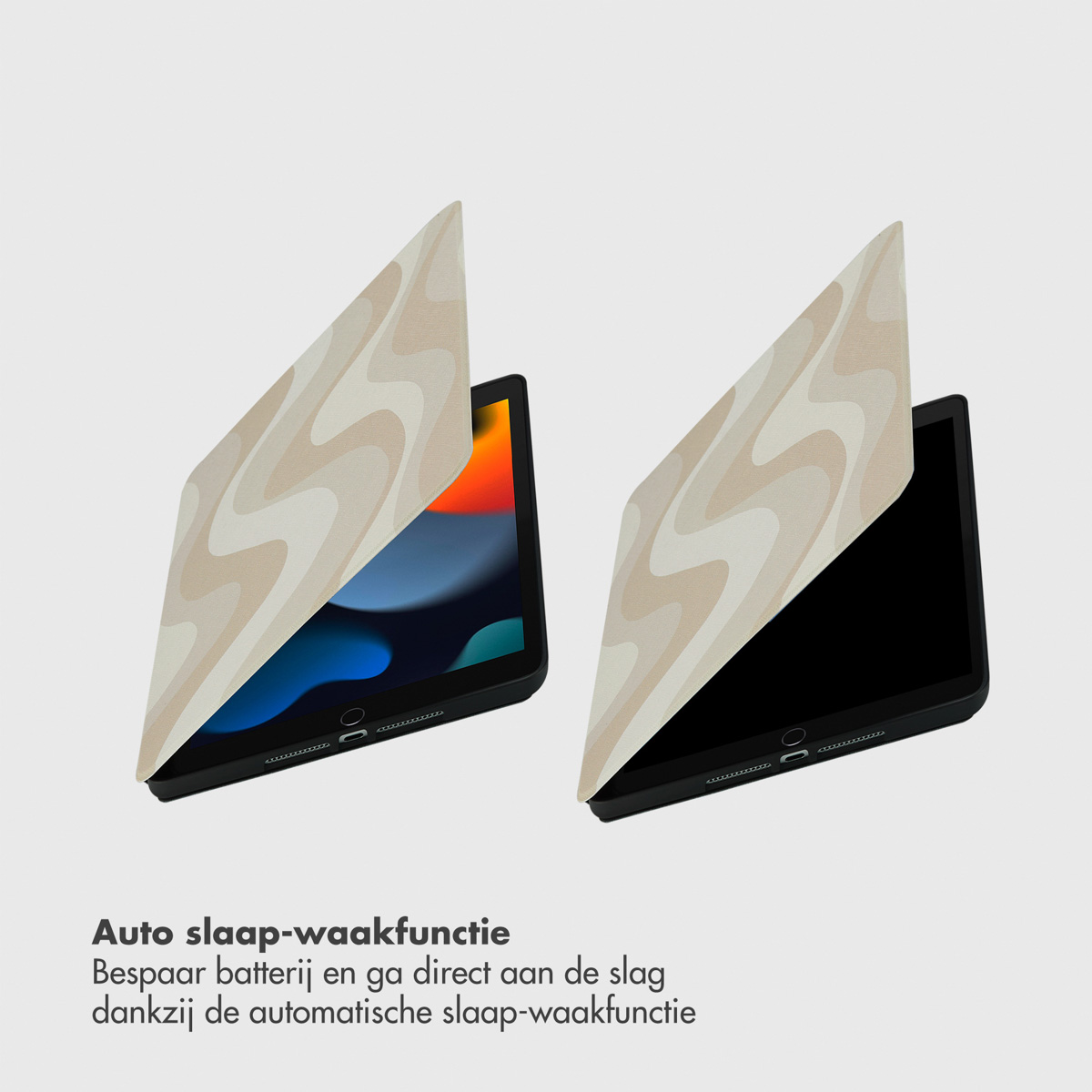 Two black tablets with light beige covers. One cover is open, showing the screen with a colorful background.