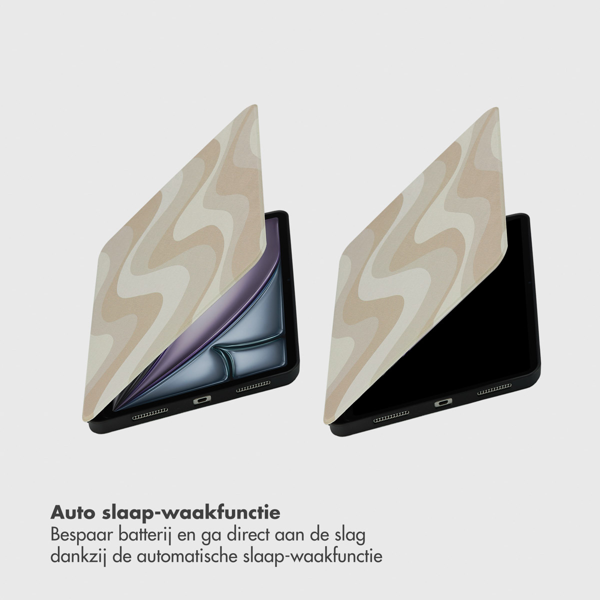 Two tablets with covers, one open showing the screen, and one closed. Beige and light brown wavy pattern on covers.