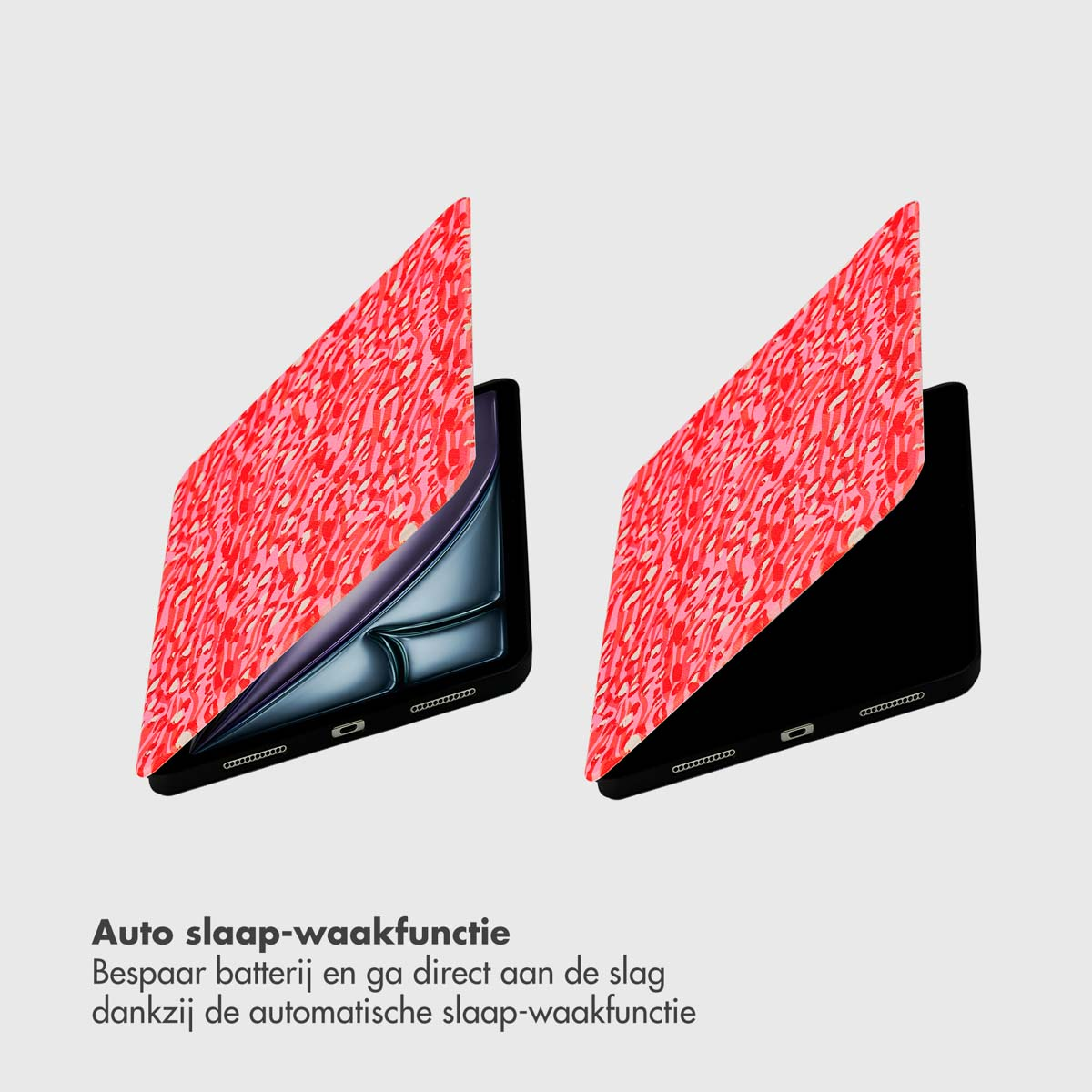 Two tablets, covers open. One shows the screen, the other closed. Red abstract pattern design on the cover.