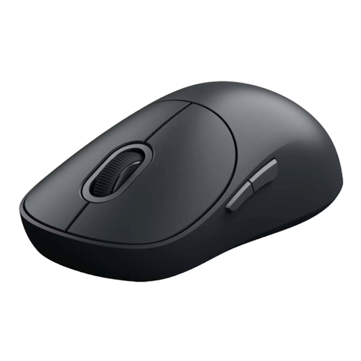 Un mouse per computer wireless nero. Ha una rotella di scorrimento, pulsanti sinistro e destro e due pulsanti laterali.
