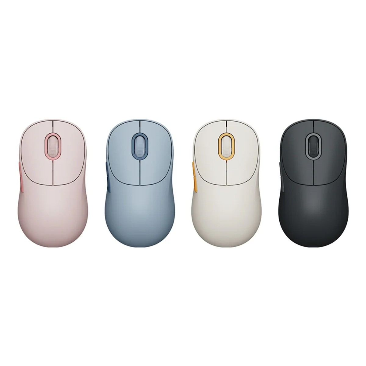 Quattro mouse per computer wireless di diversi colori: rosa, blu, bianco e nero, allineati in fila.