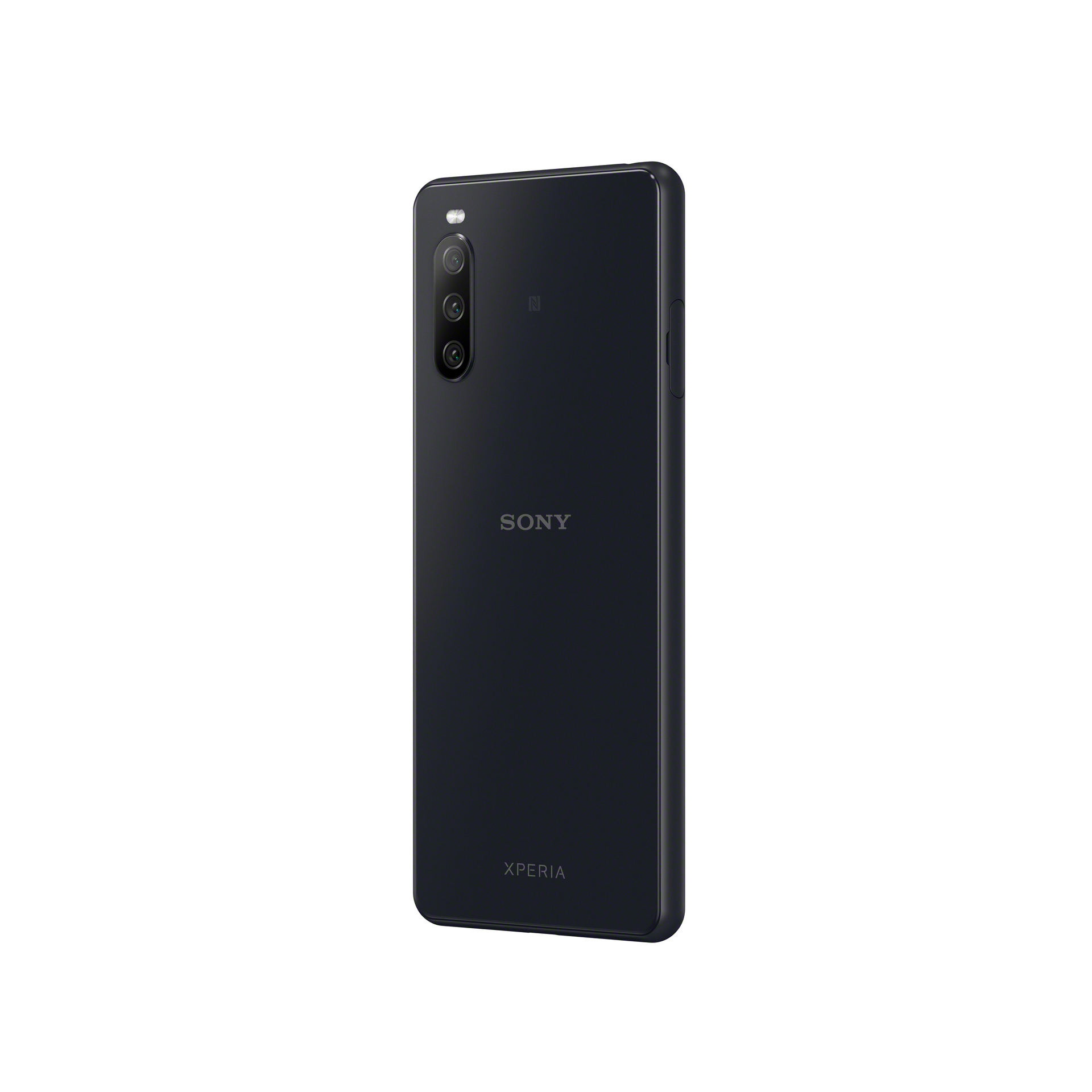 Black Sony Xperia smartphone back view. Features a triple camera, Sony logo, and Xperia text. Set against a white backdrop.