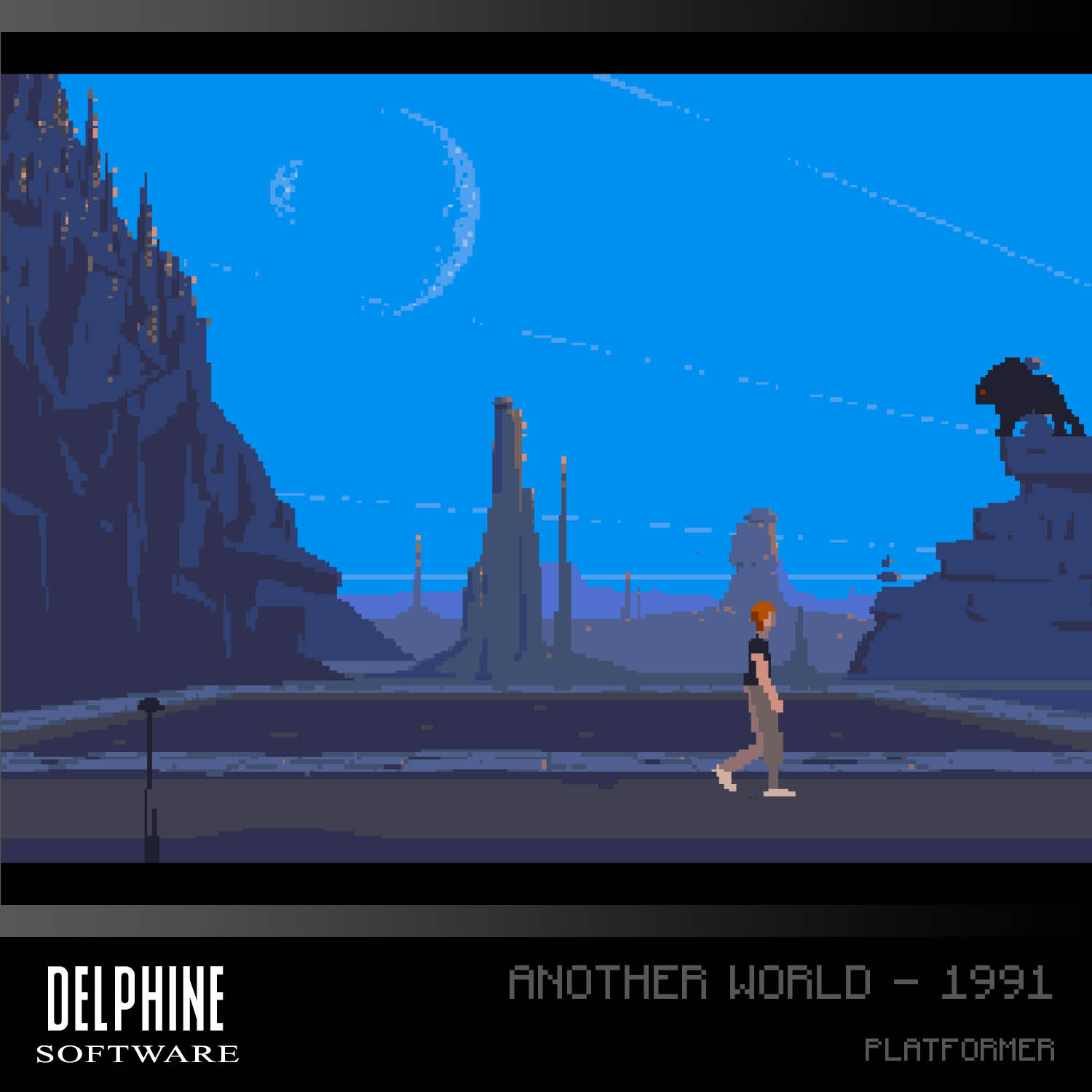 Spikselowany krajobraz z postacią idącą w kierunku ekranu pod półksiężycem.