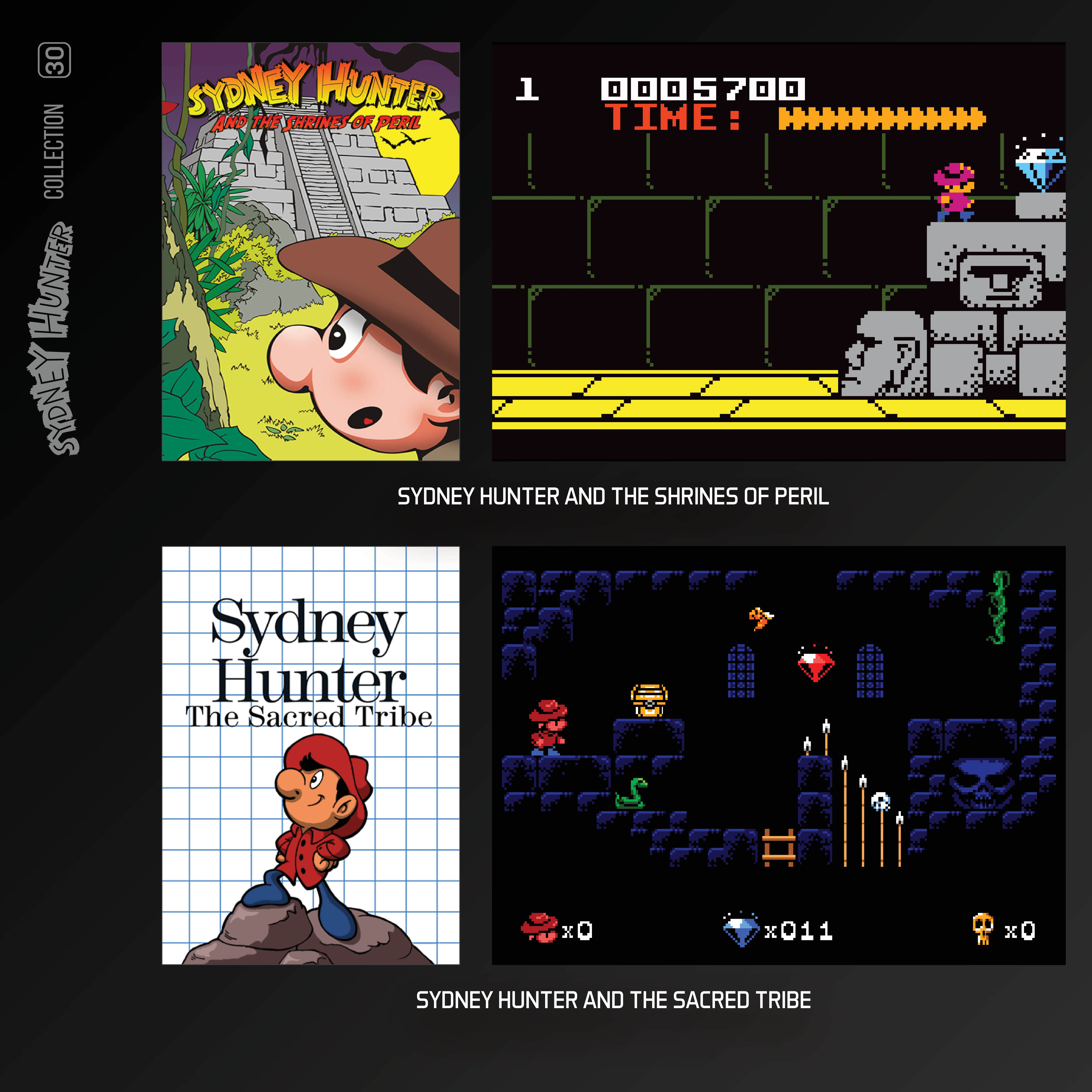 Cztery okładki gier: Sydney Hunter and the Shrines of Peril i Sydney Hunter and the Sacred Tribe.