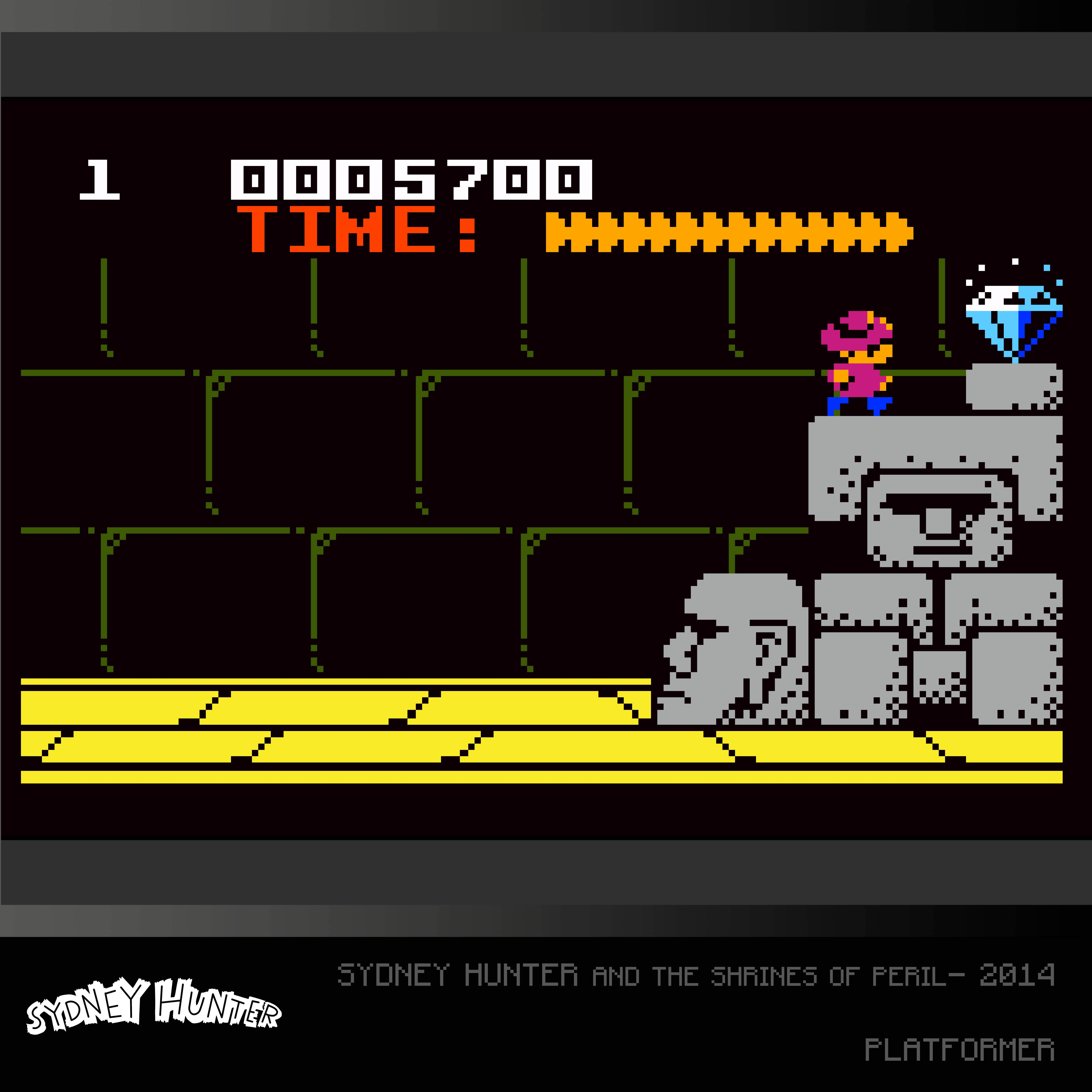 Scena z pikselowanej gry: Postać na platformie, diament u góry. Wyświetlany jest zegar i wynik.