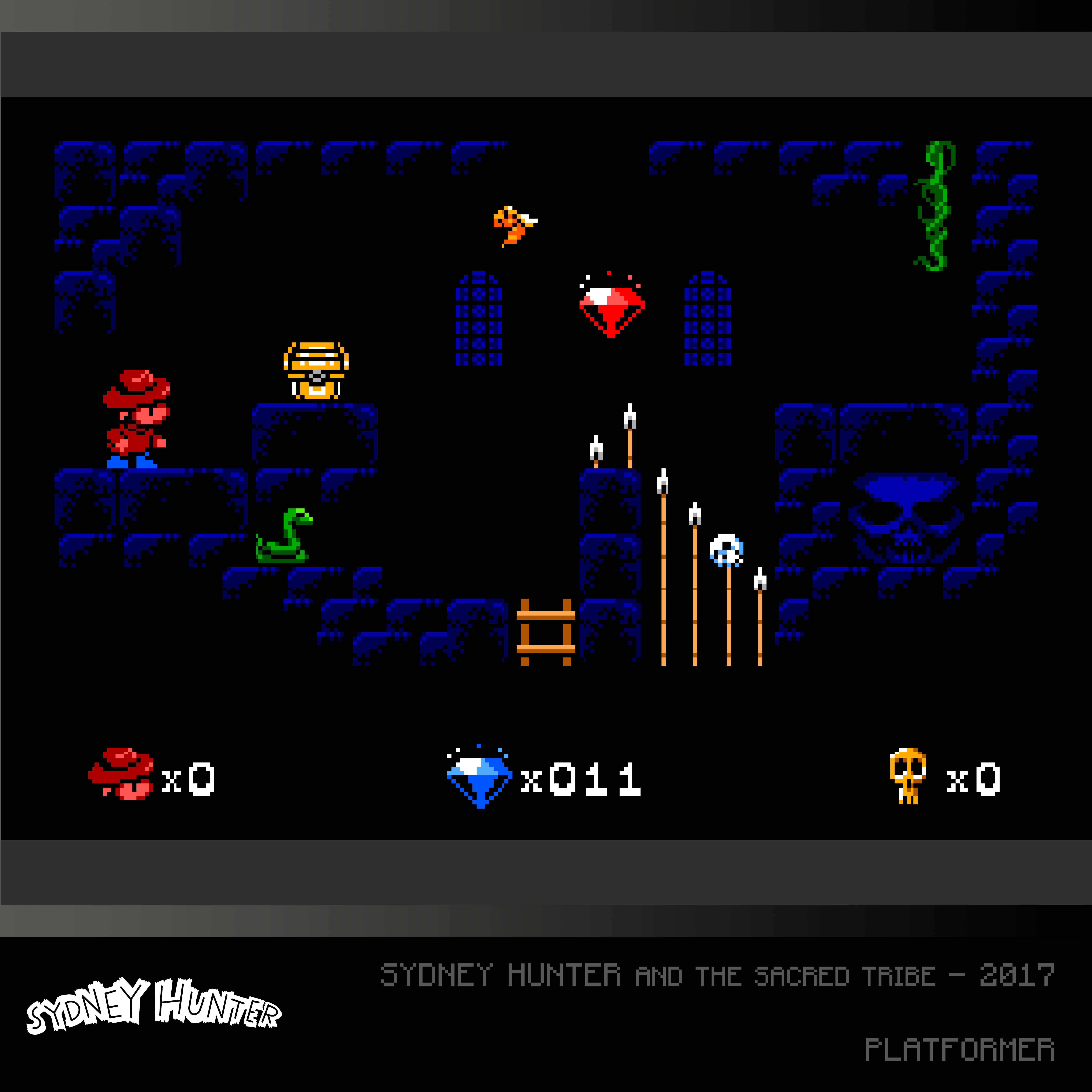 Spikselowana scena z gry. Postać w kapeluszu eksploruje poziom. Jest wąż, skarby i wrogowie.