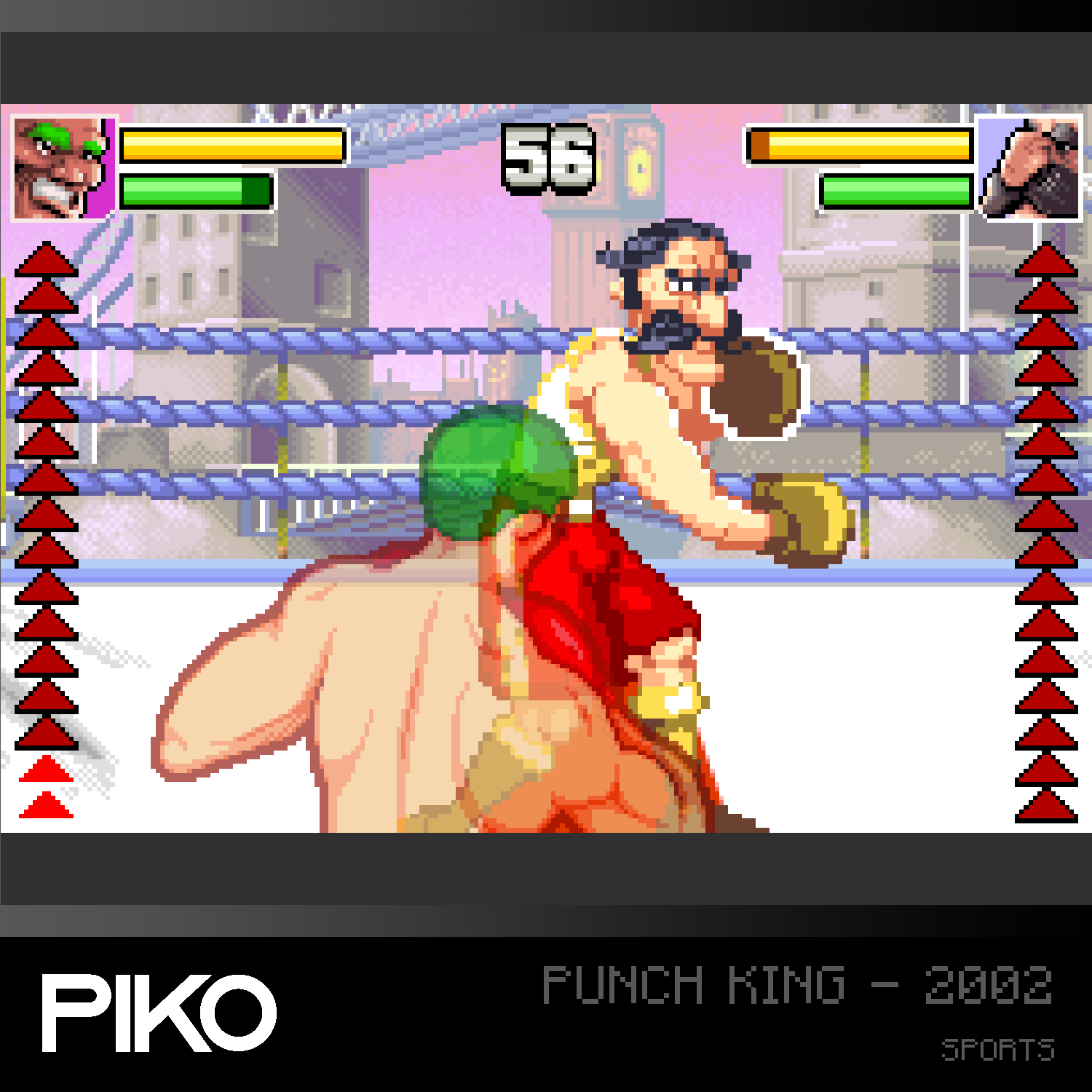 Pikselowa scena gry w boks z dwoma zawodnikami na ringu, paskami zdrowia i wyświetlaczem wyniku.