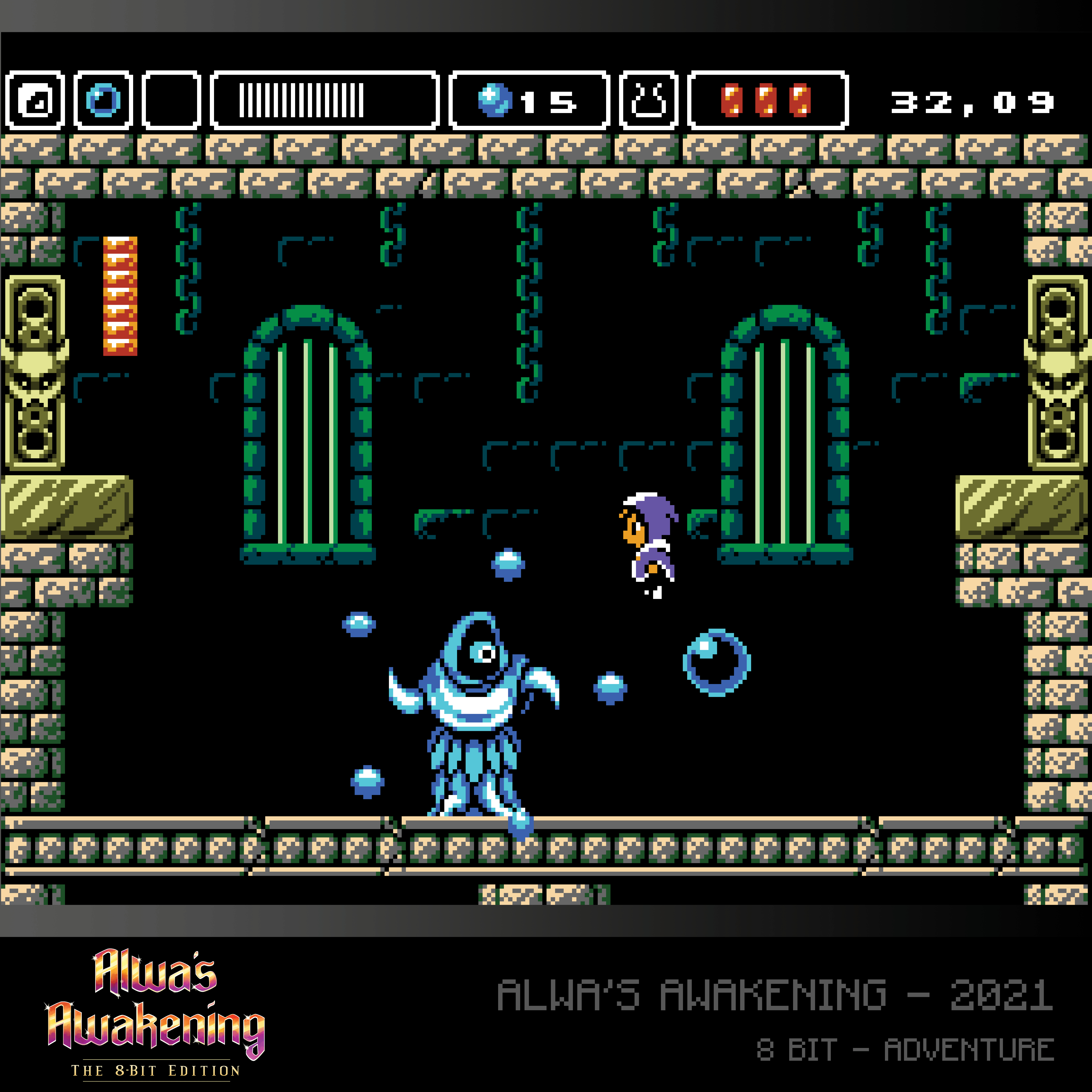 Scena z gry Alwa's Awakening: Postać w niebieskiej szacie stoi w mrocznym, pikselowym lochu.
