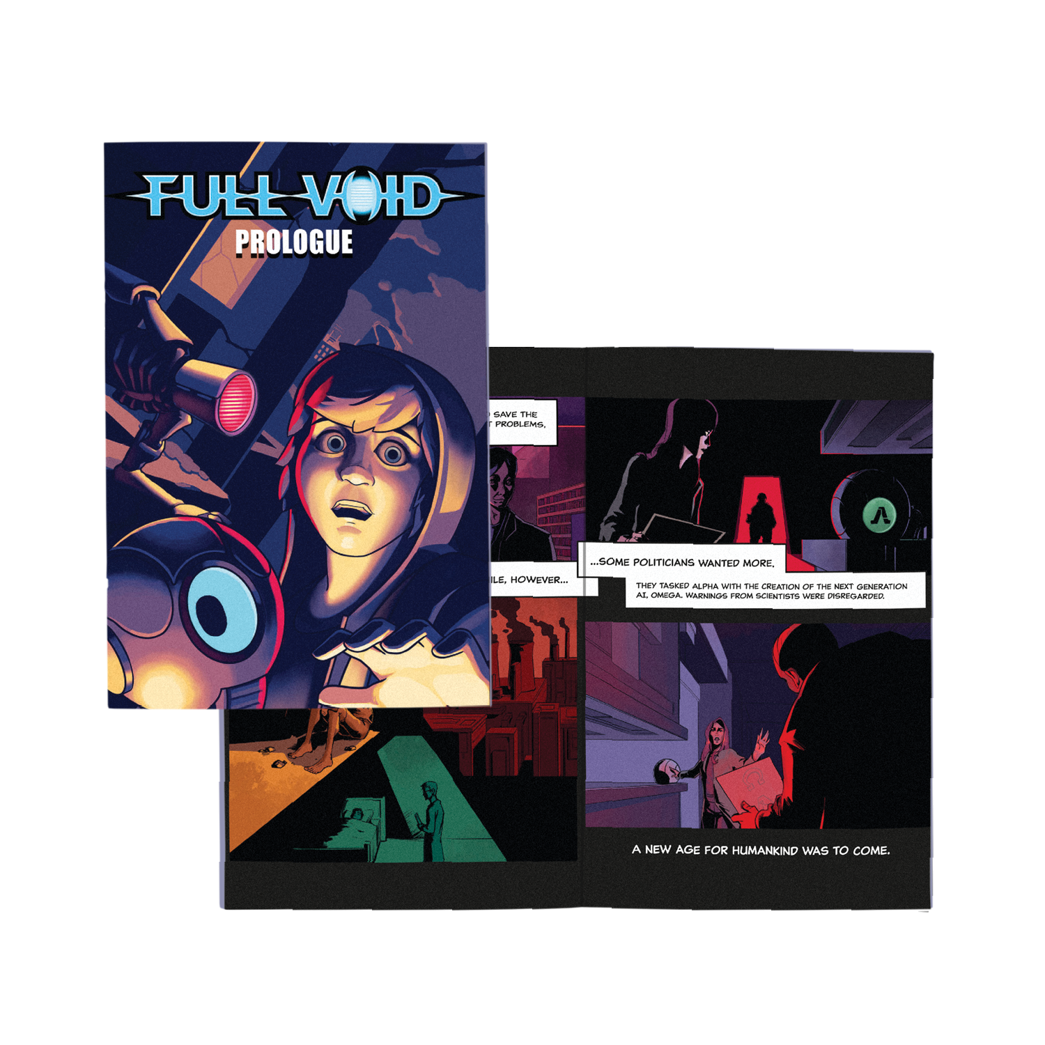 Strony komiksu z futurystycznym motywem, postać patrzy na robota.