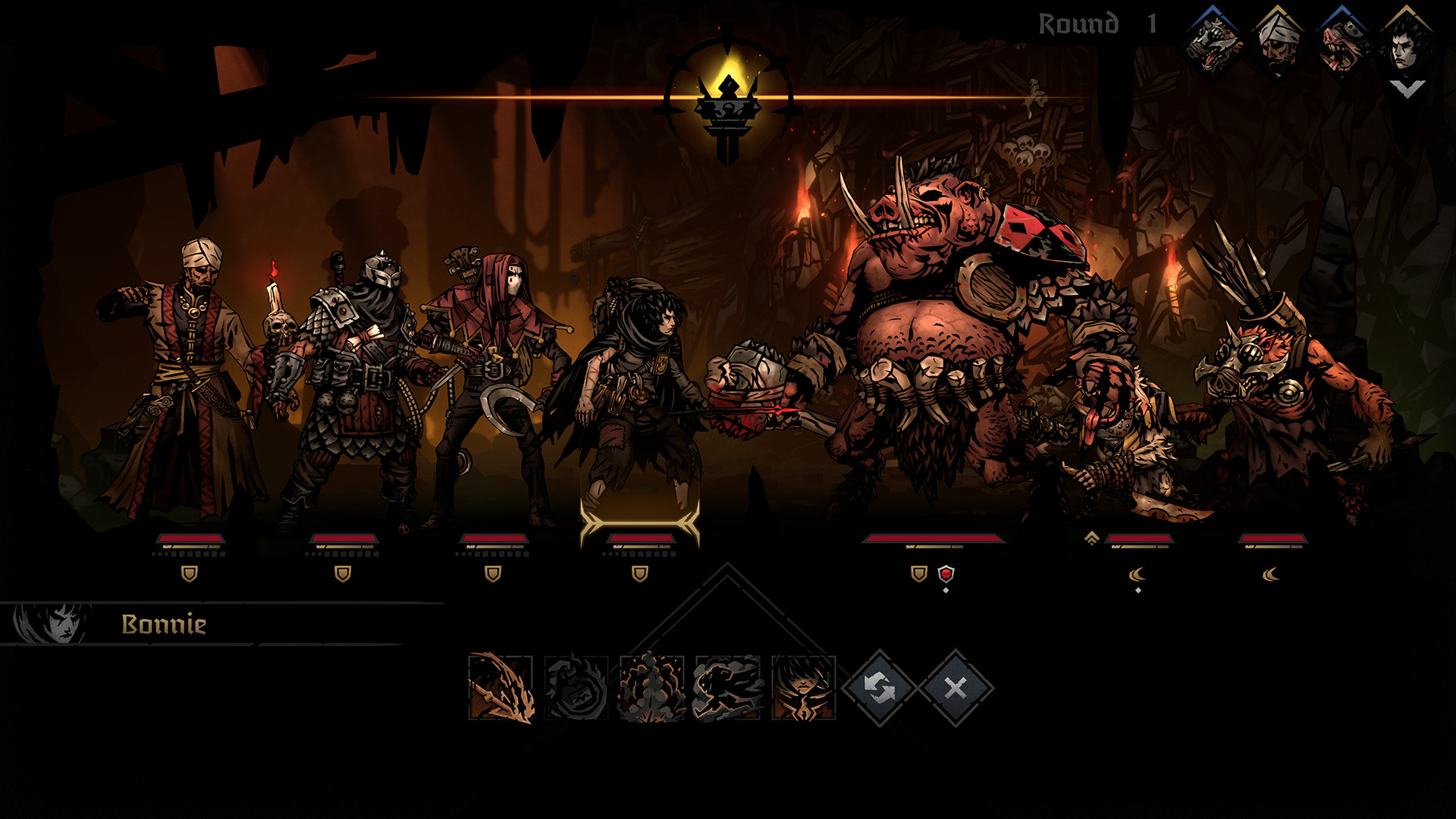 Scena z gry Darkest Dungeon. Postacie ustawione w rzędzie. Tło przedstawia jaskinię. Interfejs gry widoczny na dole.