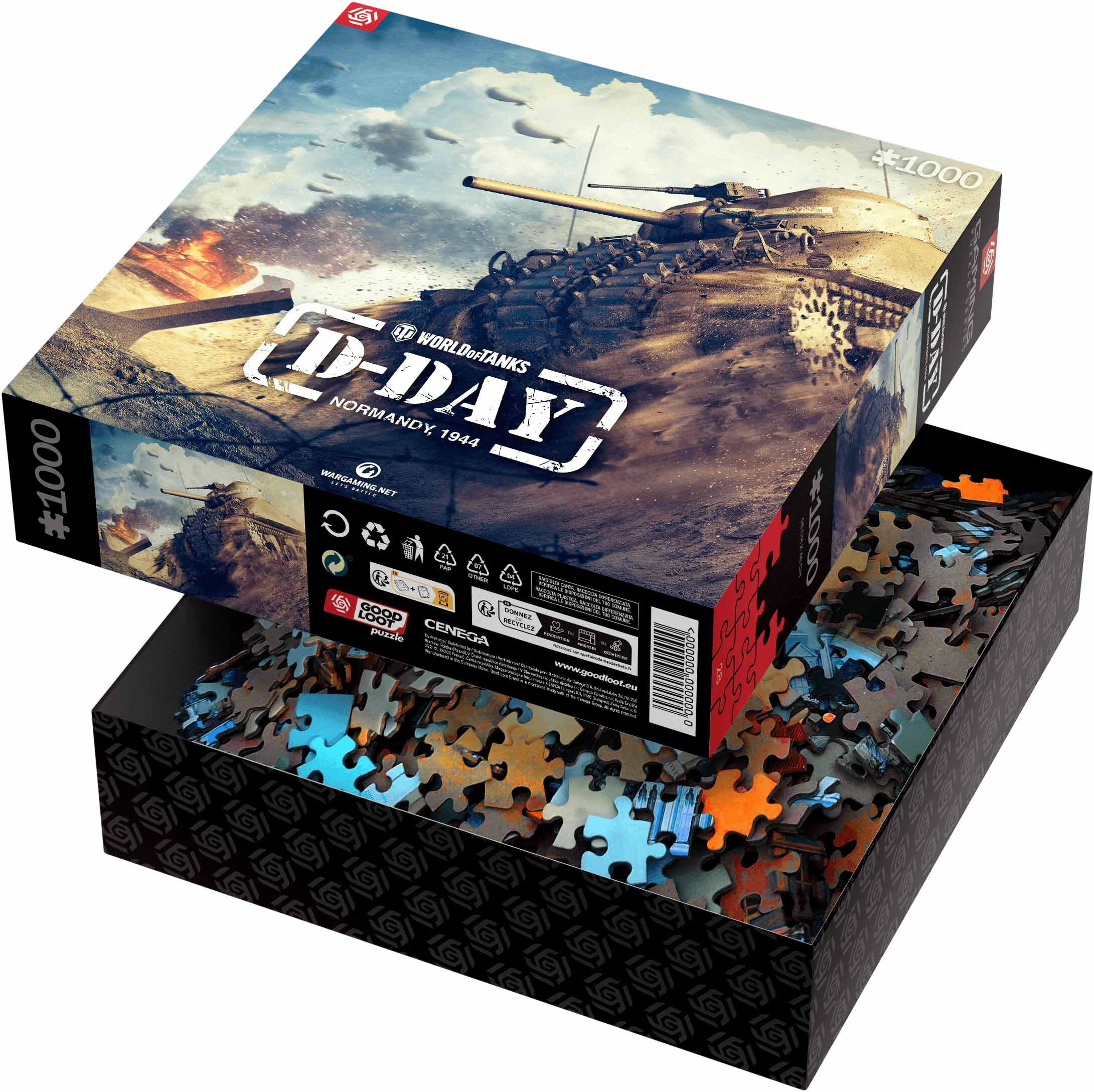 Scatola di puzzle con un'immagine di un carro armato. La scatola riporta le parole 'D-DAY' e 'World of Tanks'. I puzzle sono visibili.