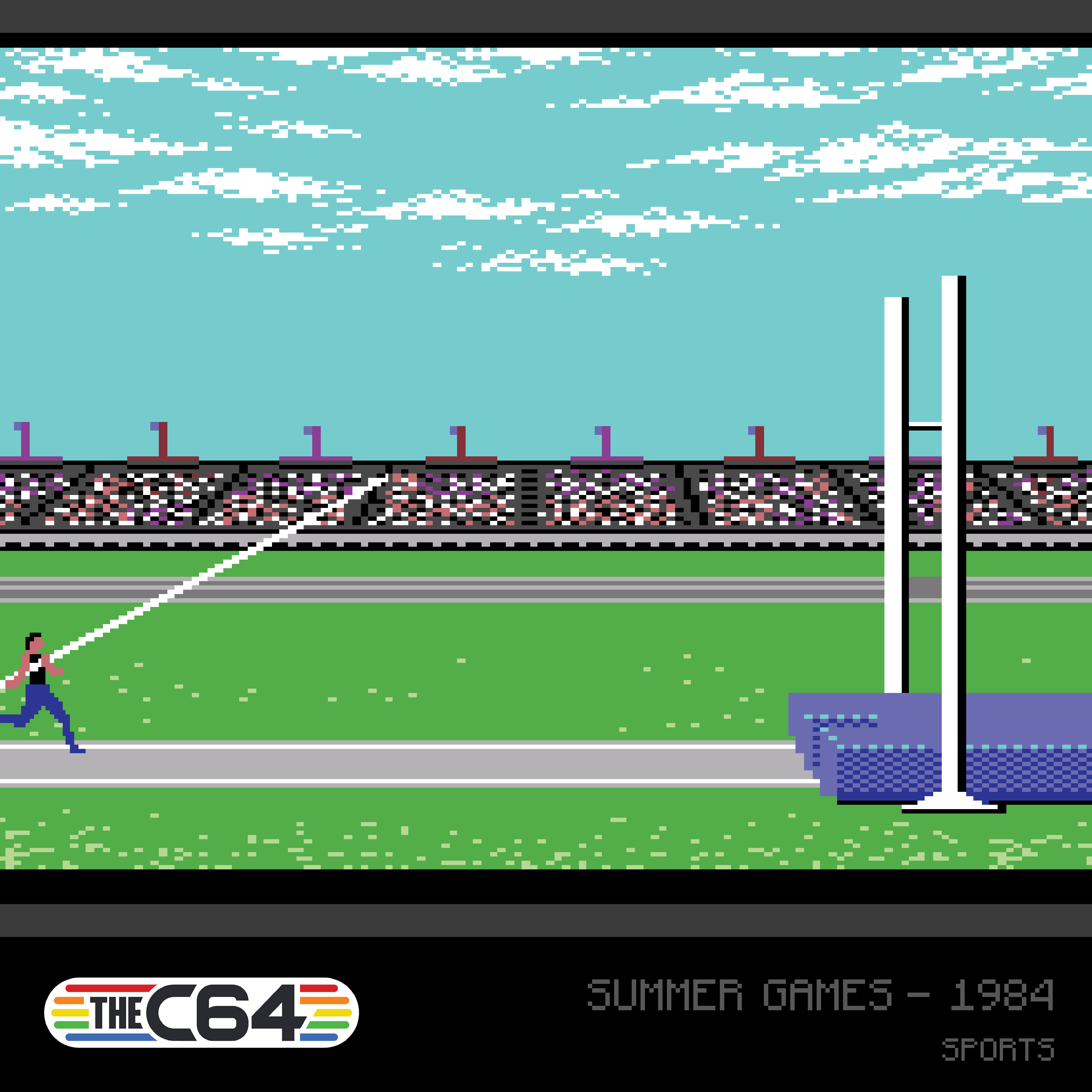 Scena z gier letnich 8-bit: mężczyzna skaczący o tyczce nad polem.