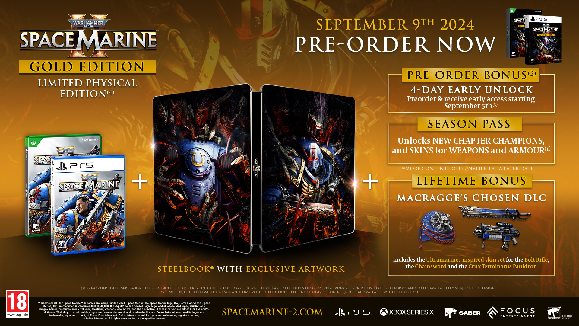 Grafika pudełka gry przedstawiająca zestaw Space Marine Gold Edition ze steelbookiem i bonusami za zamówienie przedpremierowe.