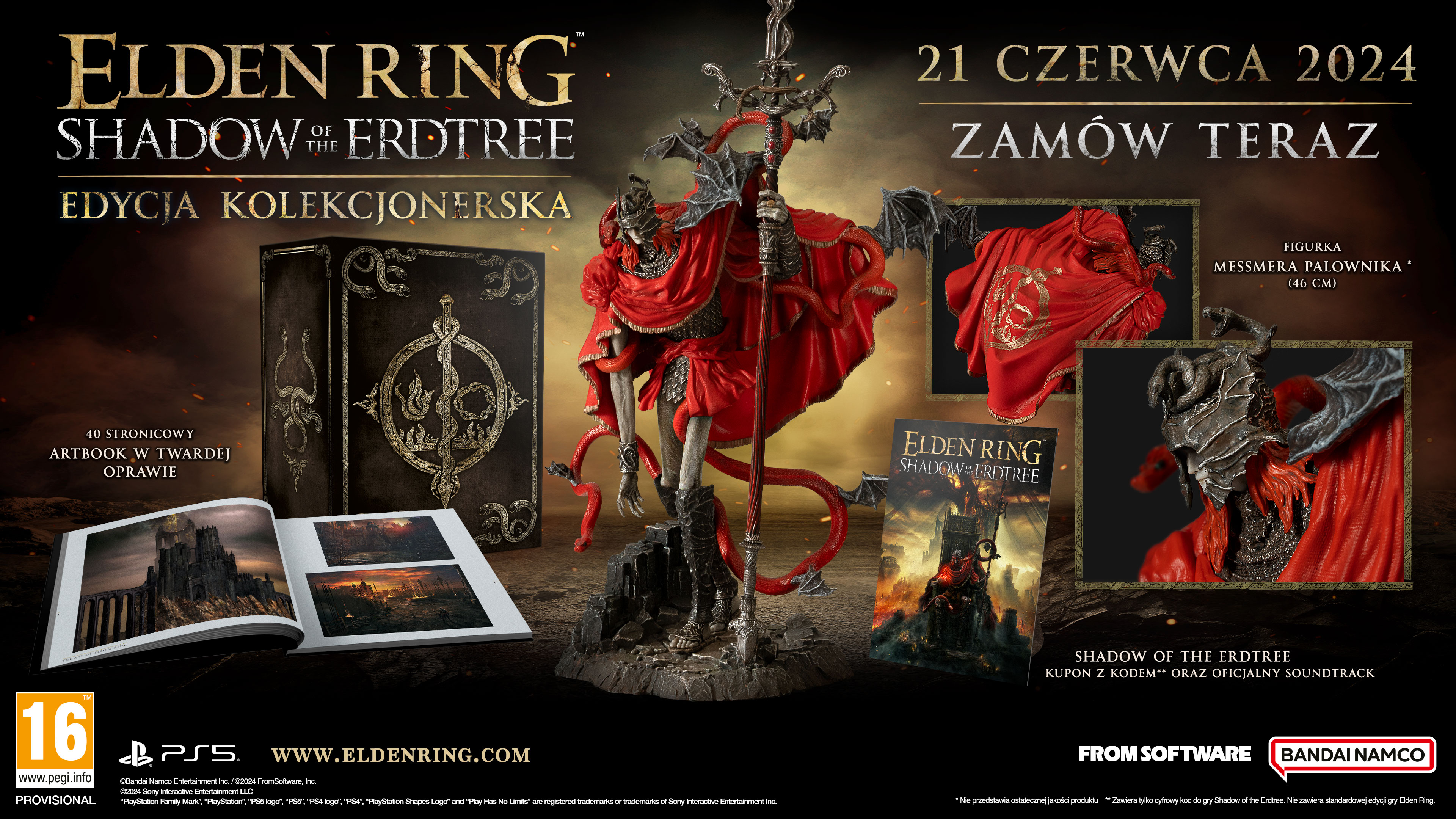 Edycja kolekcjonerska Elden Ring Shadow of the Erdtree, z figurką i grafiką z gry.