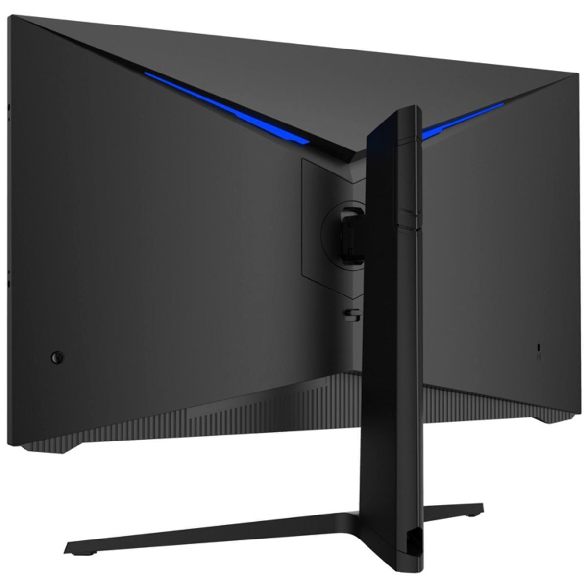 Tył czarnego monitora ze stojakiem. Niebieskie światła widoczne na górze.