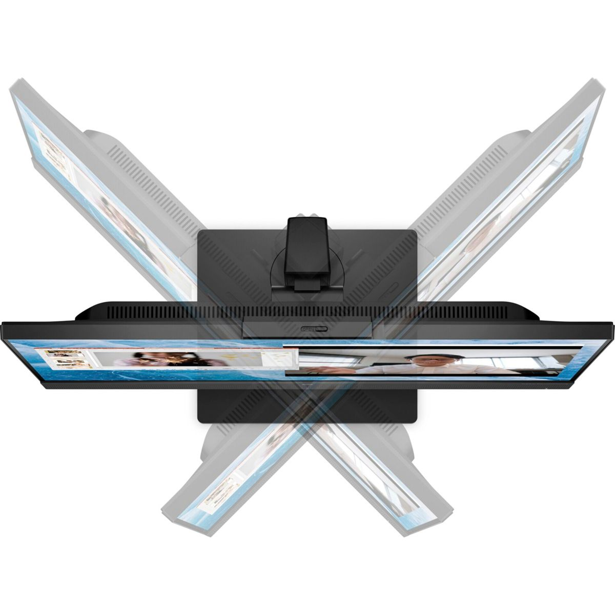 Widok z góry na monitor z czarną ramką i podstawą, pokazujący kąty pochylenia ekranu.